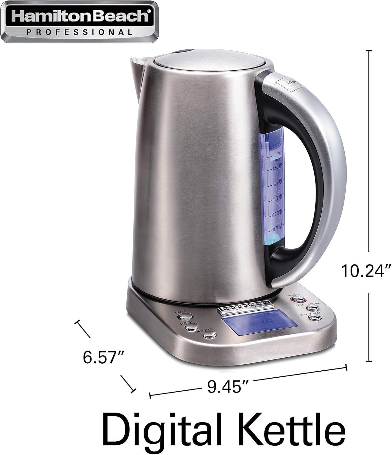imageHamilton Beach Professional Digital LCD Temperature Control Electric Tea Kettle Water Boiler amp Heater 17 Liter Fast Boiling 1500 Watts Cordless AutoShutoff amp BoilDry Protection Silver 41028