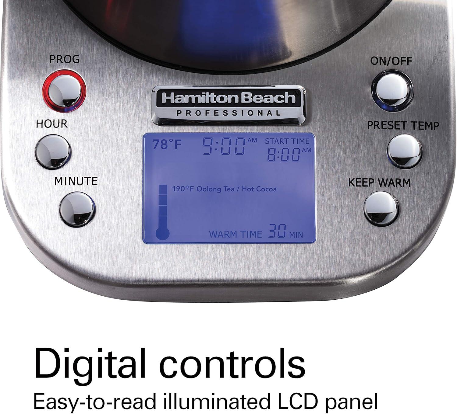 imageHamilton Beach Professional Digital LCD Temperature Control Electric Tea Kettle Water Boiler amp Heater 17 Liter Fast Boiling 1500 Watts Cordless AutoShutoff amp BoilDry Protection Silver 41028