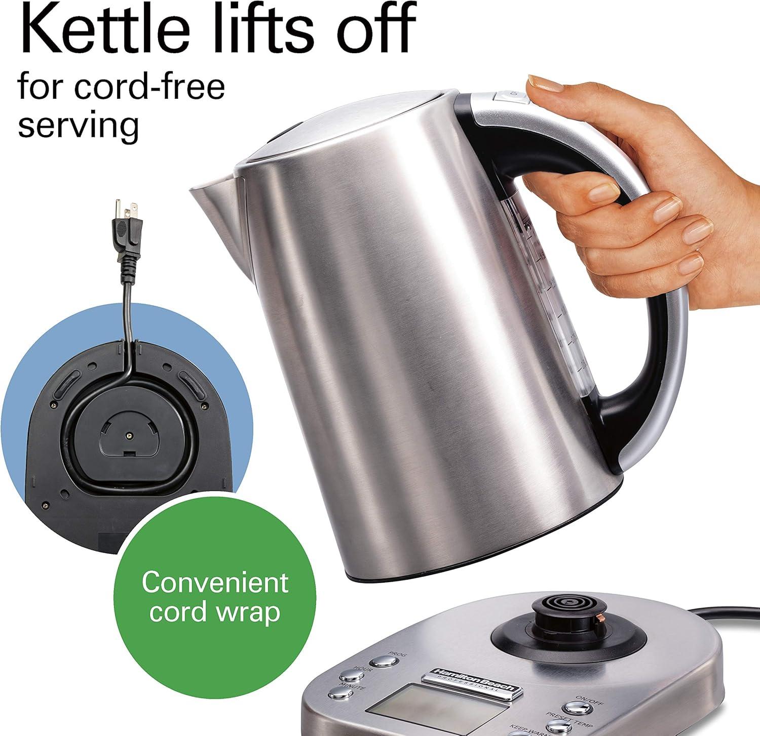 imageHamilton Beach Professional Digital LCD Temperature Control Electric Tea Kettle Water Boiler amp Heater 17 Liter Fast Boiling 1500 Watts Cordless AutoShutoff amp BoilDry Protection Silver 41028