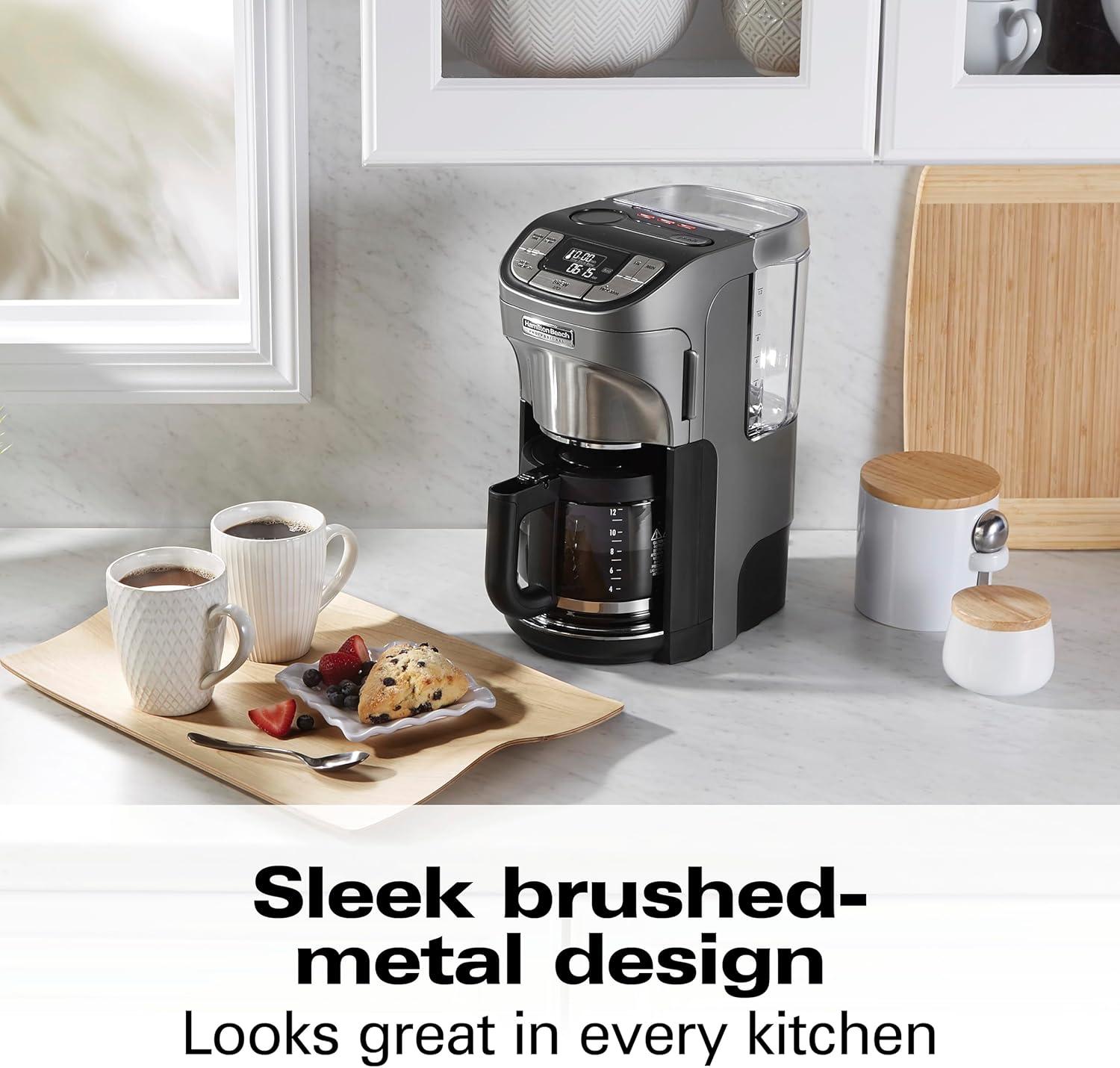 imageHamilton Beach Professional Programmable Drip Coffee Maker 12 Cup Capacity Ergonomic Carafe 60oz Removable Reservoir120 volts Brushed Metal 49500