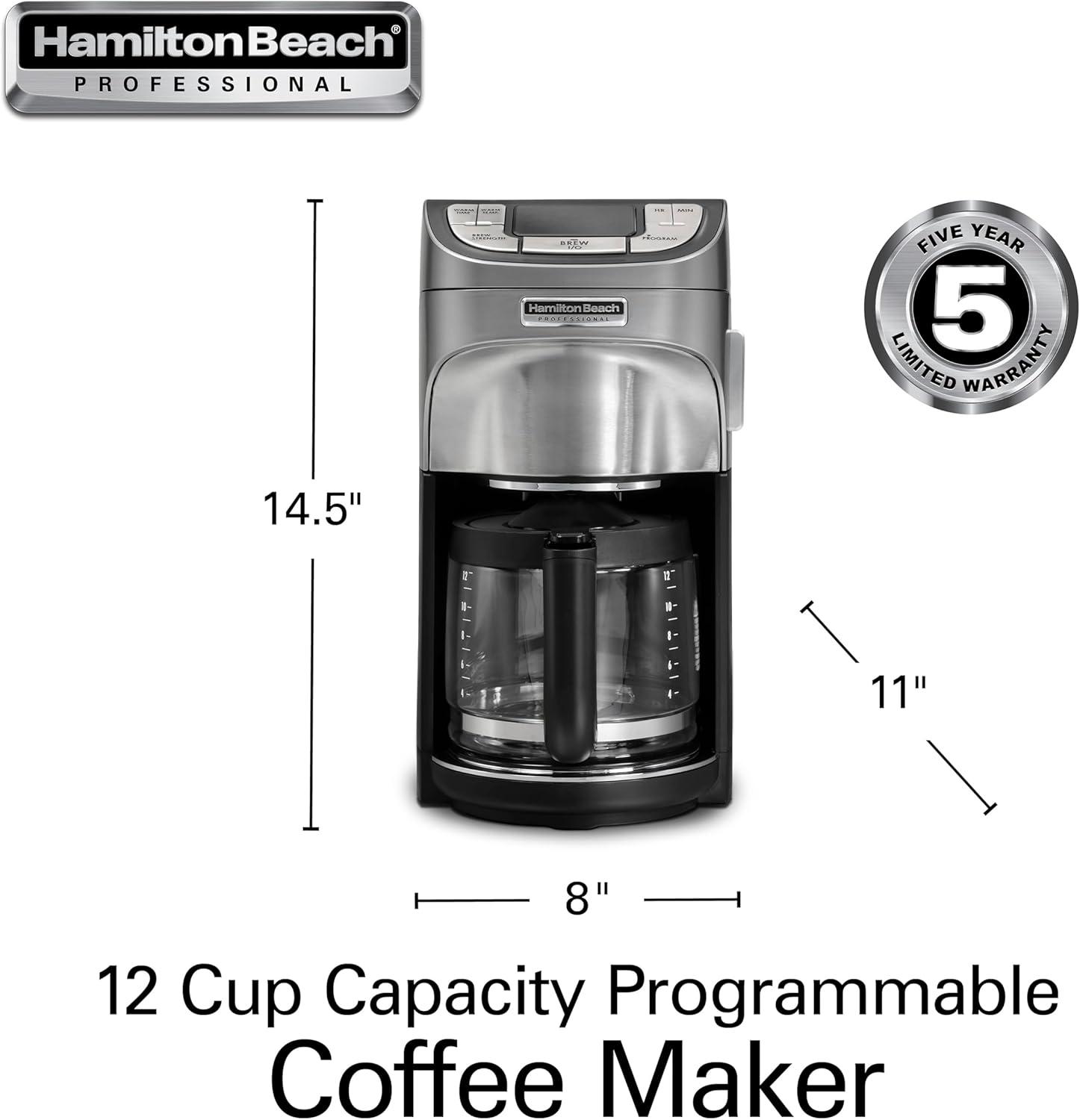 imageHamilton Beach Professional Programmable Drip Coffee Maker 12 Cup Capacity Ergonomic Carafe 60oz Removable Reservoir120 volts Brushed Metal 49500