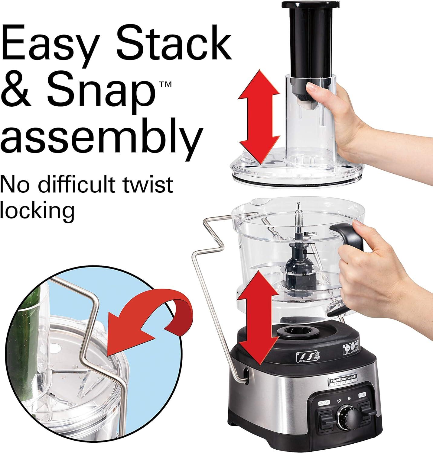 imageHamilton Beach Professional Stack amp Snap Food Processor amp Veggie Spiralizer for Slicing Shredding and Kneading ExtraLarge 3 Feed Chute Fits Whole Vegetables 12 Cups Stainless Steel 70815