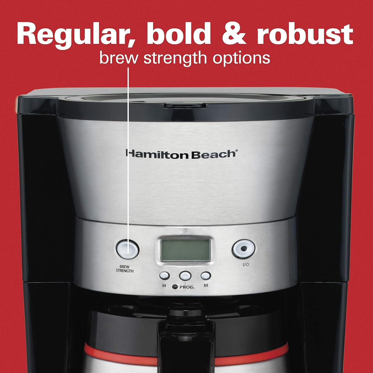 imageHamilton Beach Programmable Coffee Maker with 10 Cup Thermal Carafe 3 Brewing Options Auto Shutoff amp Pause and Pour Stainless Steel 46899RStainless Steel
