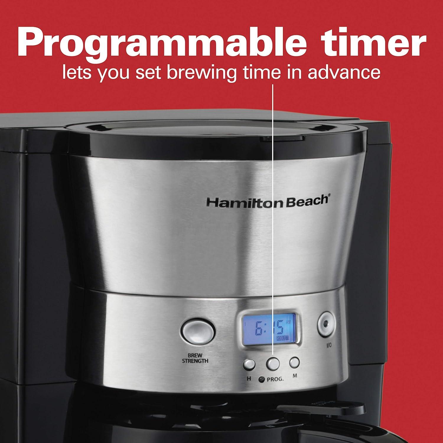 imageHamilton Beach Programmable Coffee Maker with 10 Cup Thermal Carafe 3 Brewing Options Auto Shutoff amp Pause and Pour Stainless Steel 46899RStainless Steel