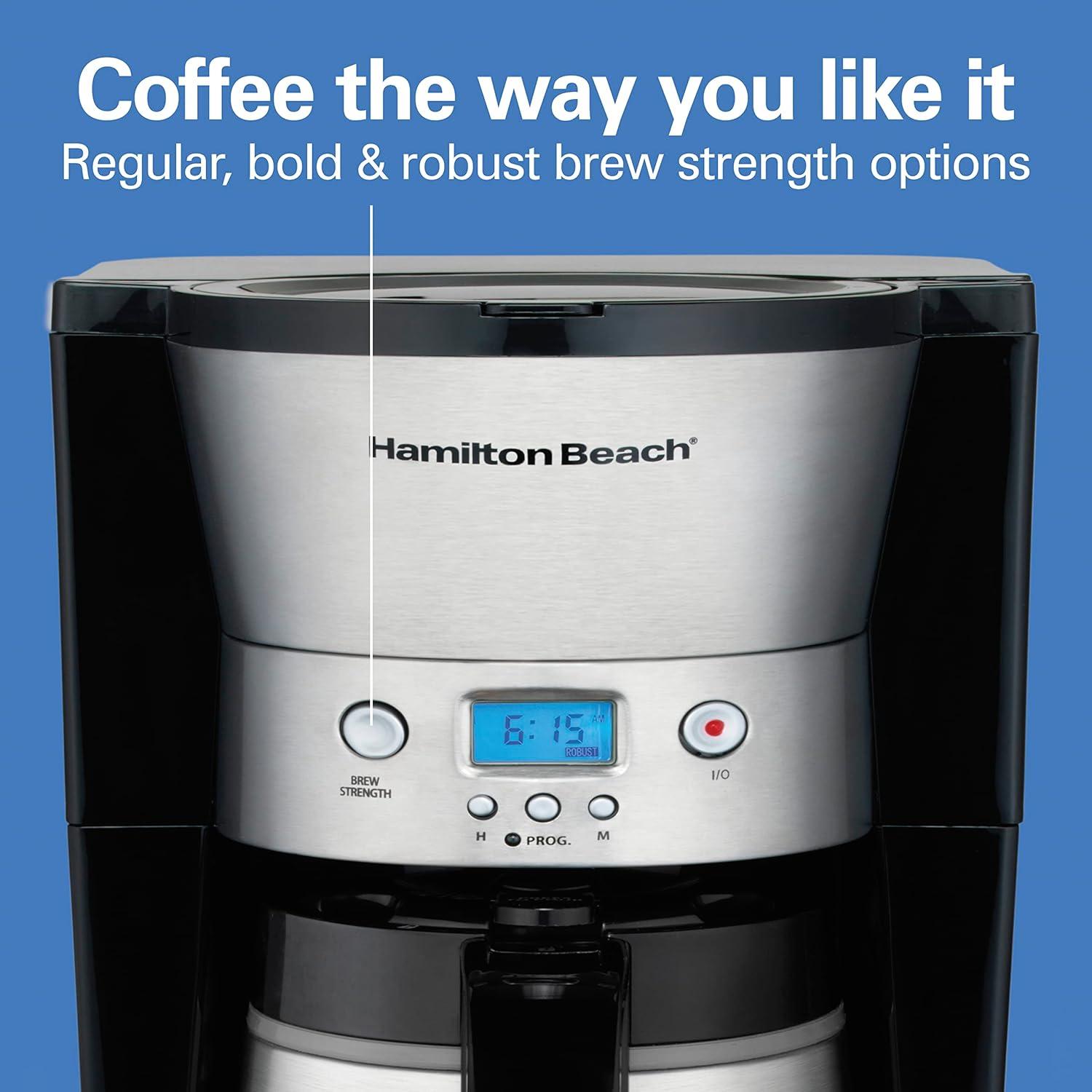 imageHamilton Beach Programmable Coffee Maker with 10 Cup Thermal Carafe 3 Brewing Options Auto Shutoff amp Pause and Pour Stainless Steel 46899RStainless Steel New for 2023