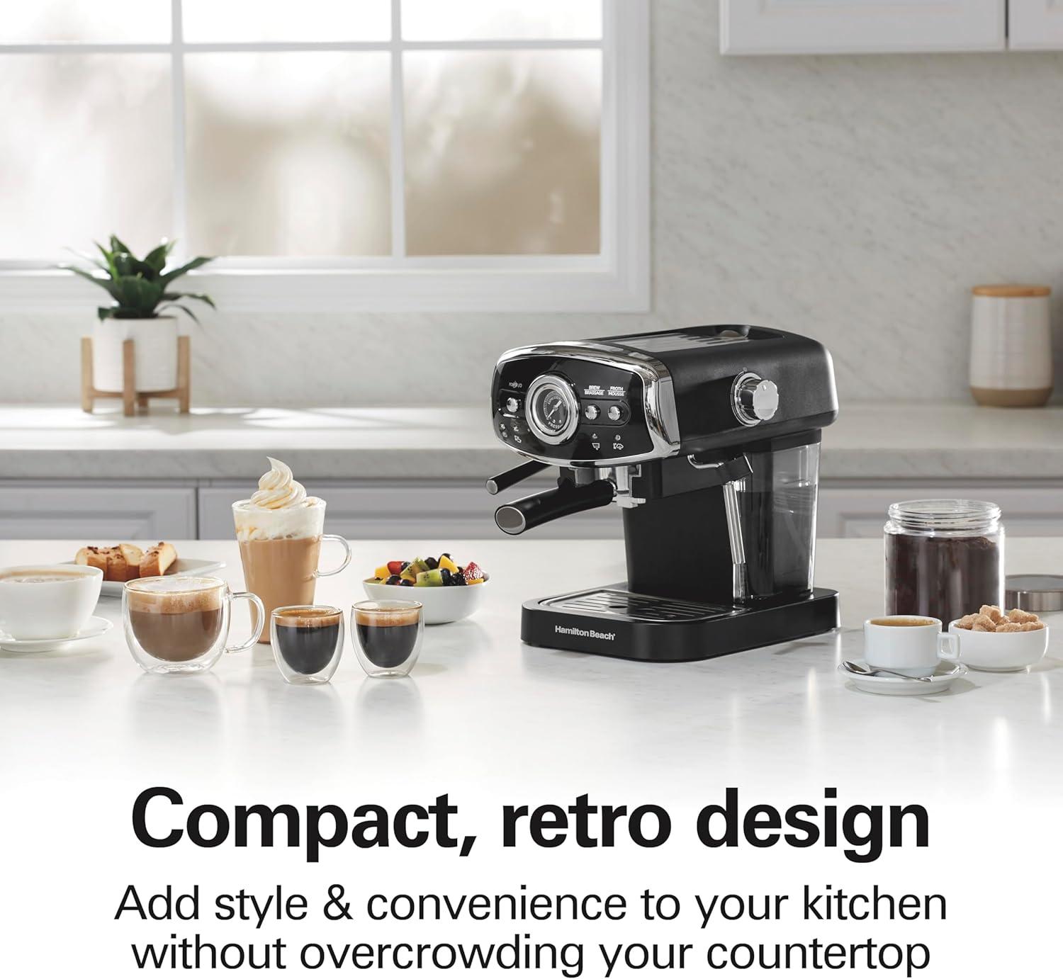 imageHamilton Beach Slide amp Lock Espresso Machine With Milk Frother Steam Wand For Cappuccino amp Latte 15 Bar Pump and Two Spouts Removable Reservoir Compact Retro Design White 40731Black