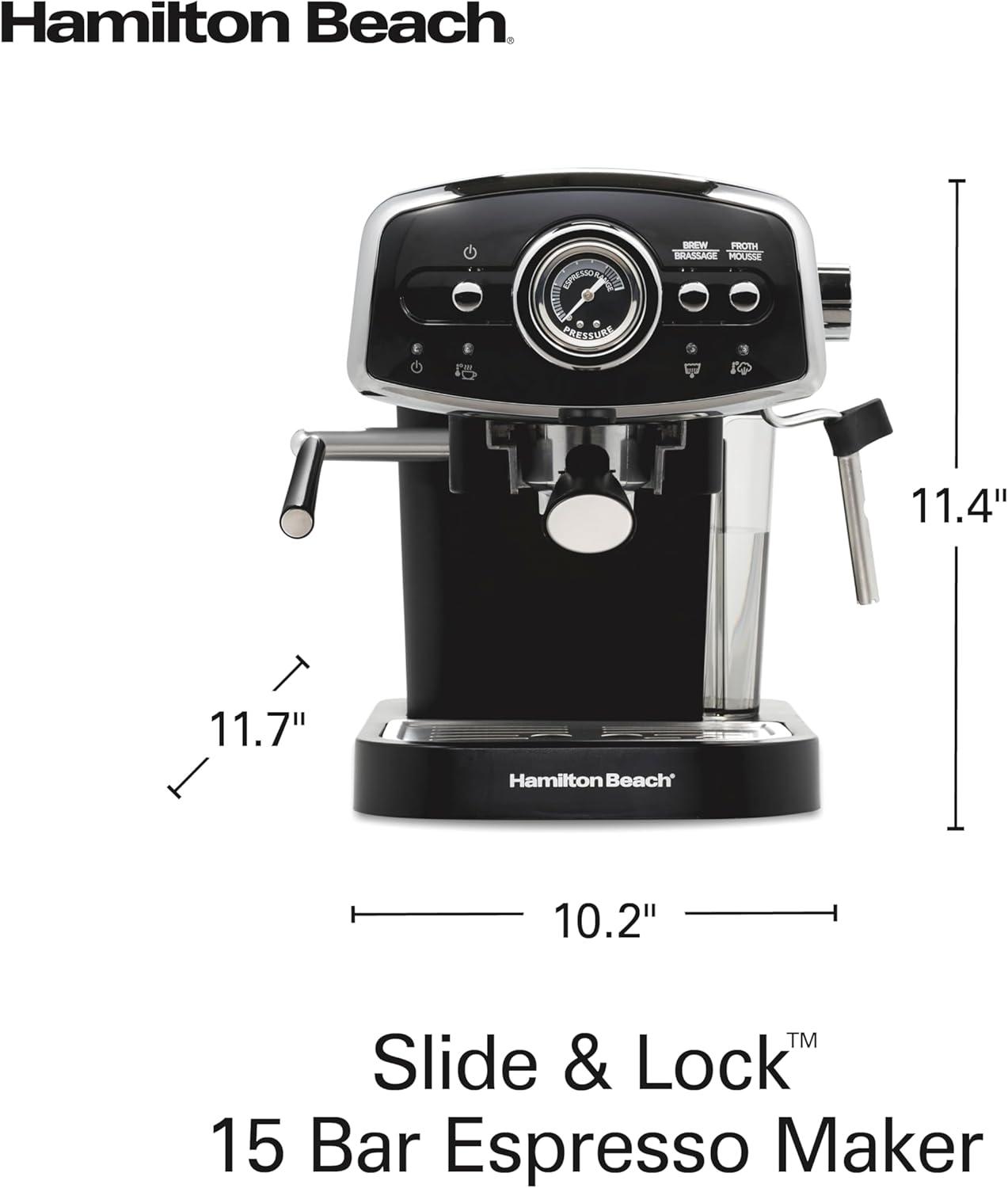 imageHamilton Beach Slide amp Lock Espresso Machine With Milk Frother Steam Wand For Cappuccino amp Latte 15 Bar Pump and Two Spouts Removable Reservoir Compact Retro Design White 40731Black