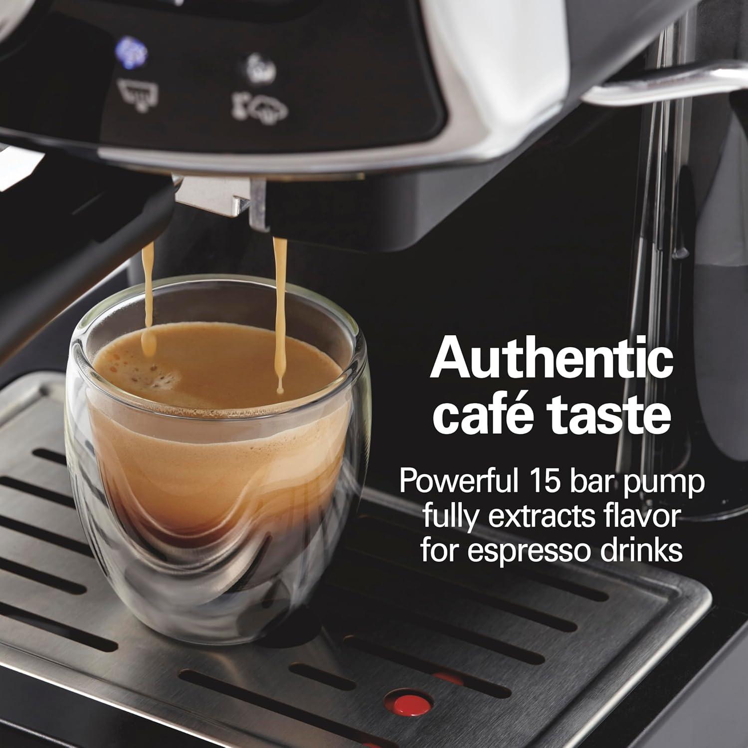 imageHamilton Beach Slide amp Lock Espresso Machine With Milk Frother Steam Wand For Cappuccino amp Latte 15 Bar Pump and Two Spouts Removable Reservoir Compact Retro Design White 40731Black