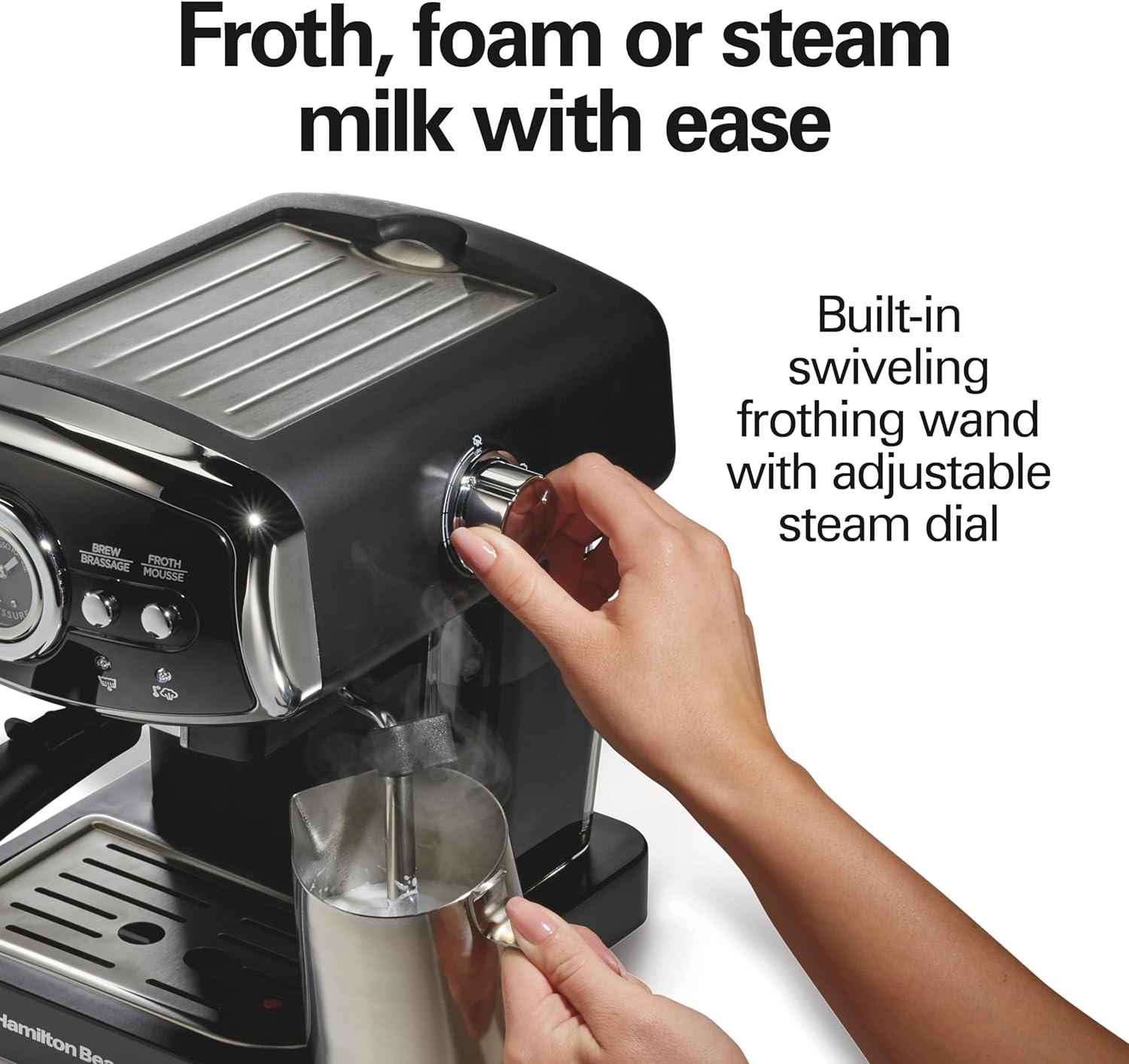 imageHamilton Beach Slide amp Lock Espresso Machine With Milk Frother Steam Wand For Cappuccino amp Latte 15 Bar Pump and Two Spouts Removable Reservoir Compact Retro Design White 40731Black