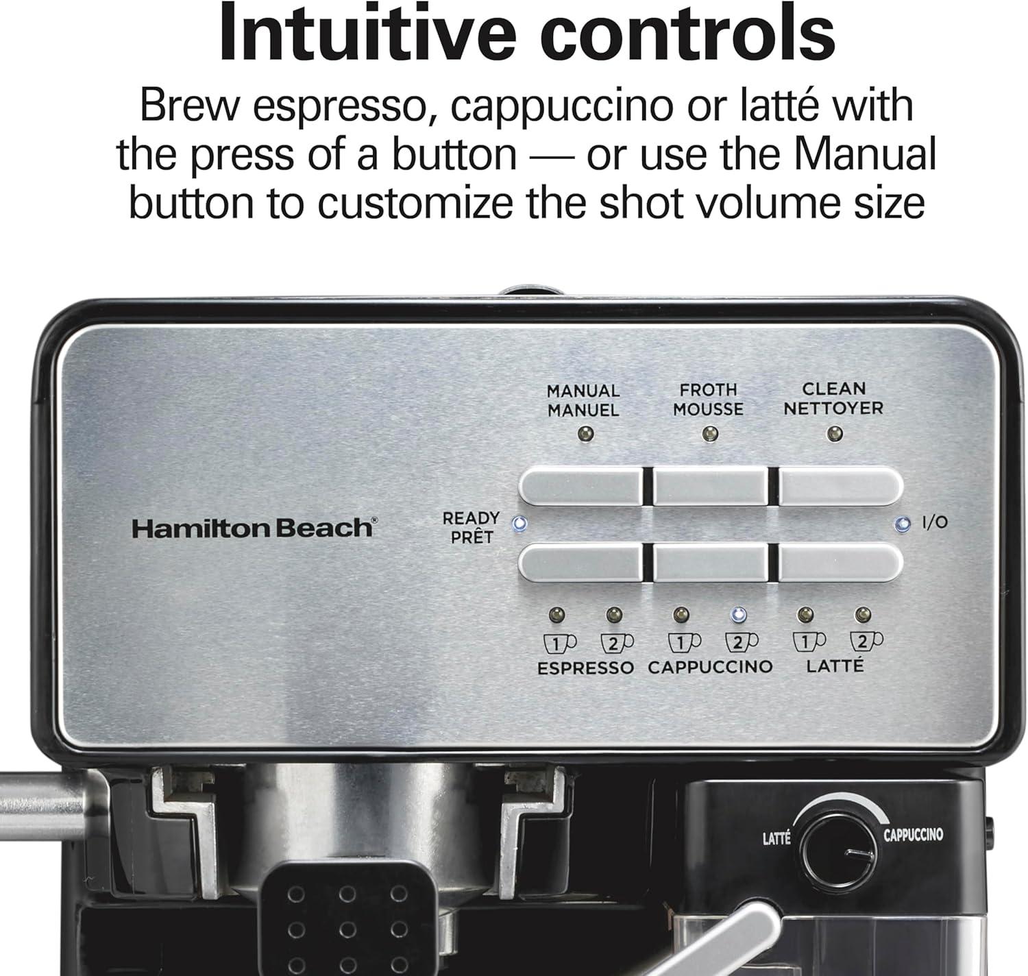 imageHamilton Beach Slide and Lock Espresso Machine Programmable Coffee Maker for CafQuality Cappuccino amp Latte 15 Bar Pump Milk Frother Steamer Wand 70 oz Removable Reservoir Black 40750