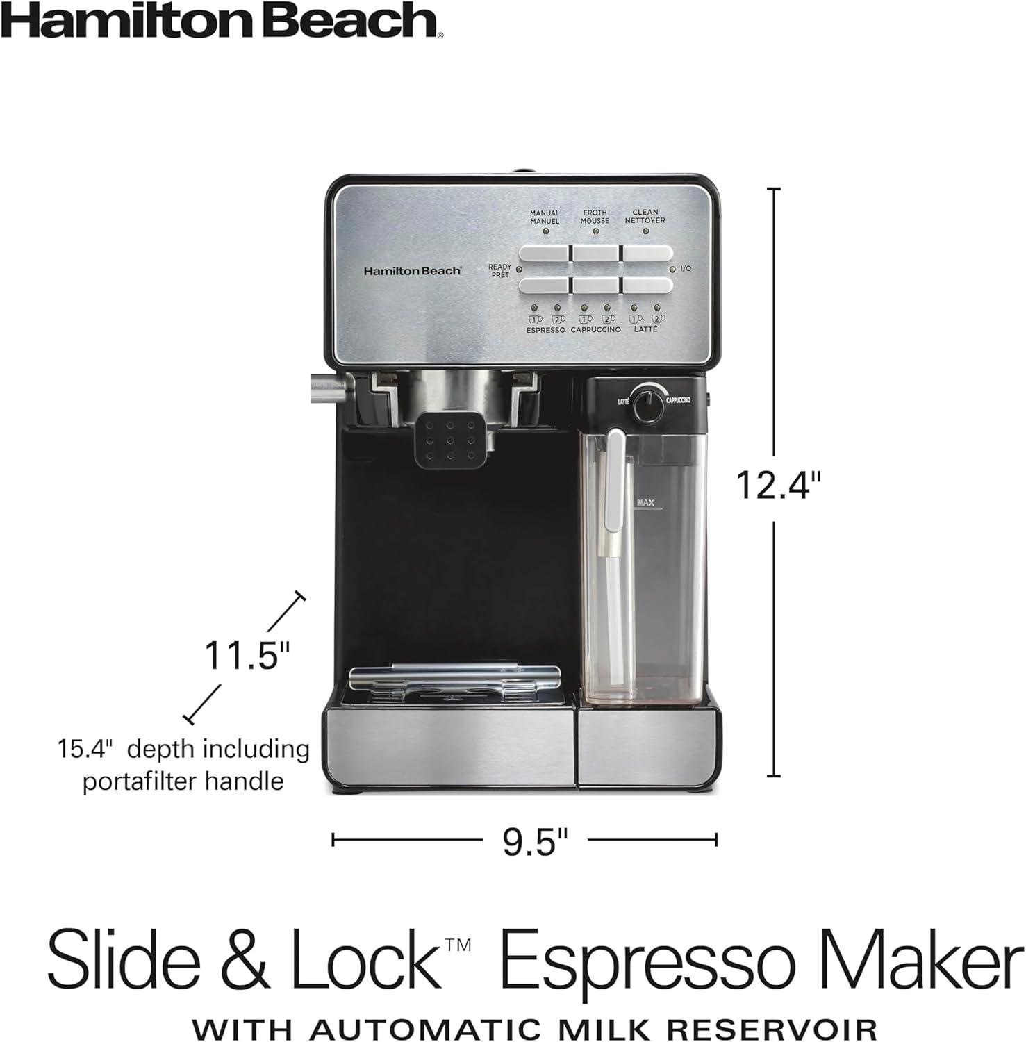 imageHamilton Beach Slide and Lock Espresso Machine Programmable Coffee Maker for CafQuality Cappuccino amp Latte 15 Bar Pump Milk Frother Steamer Wand 70 oz Removable Reservoir Black 40750