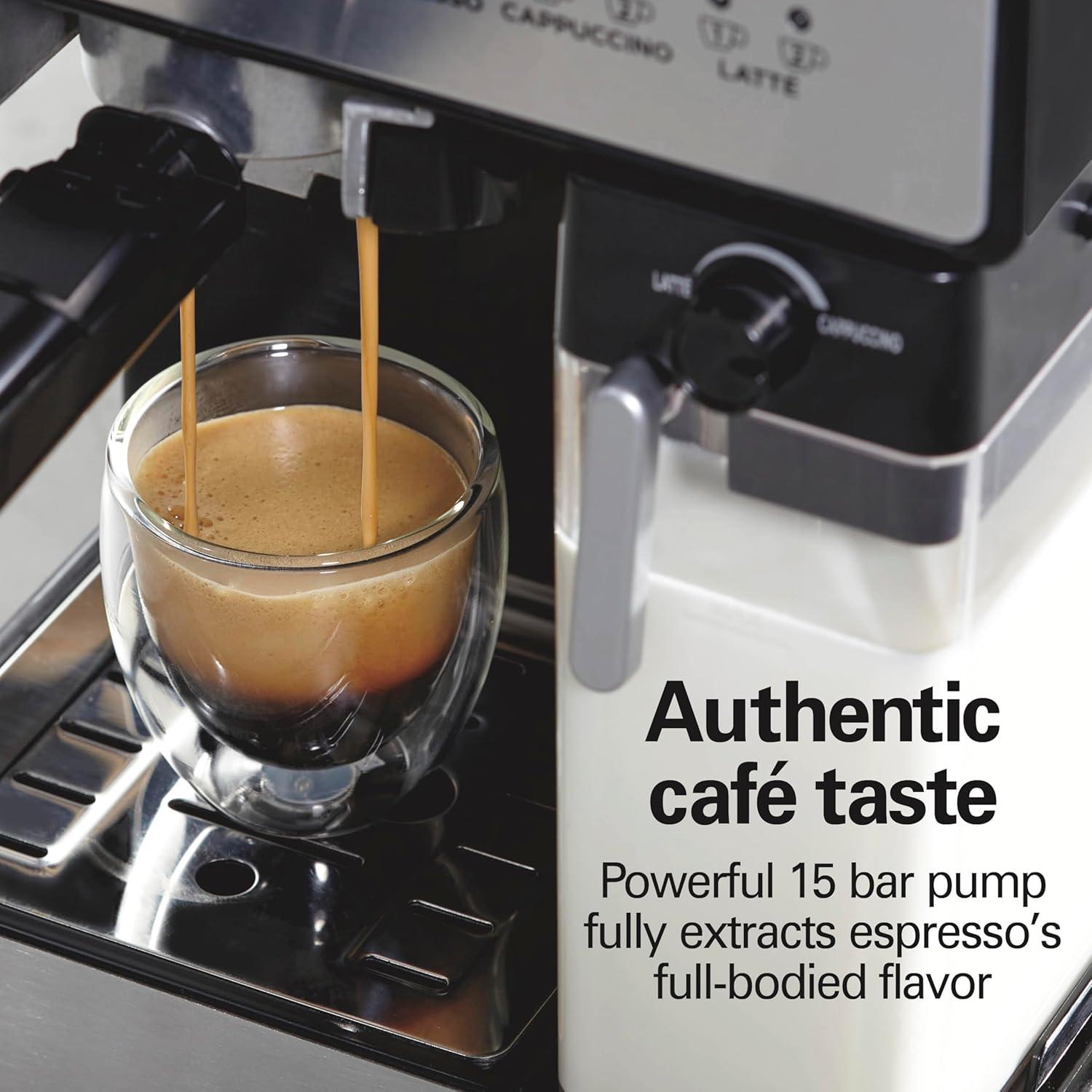 imageHamilton Beach Slide and Lock Espresso Machine Programmable Coffee Maker for CafQuality Cappuccino amp Latte 15 Bar Pump Milk Frother Steamer Wand 70 oz Removable Reservoir Black 40750