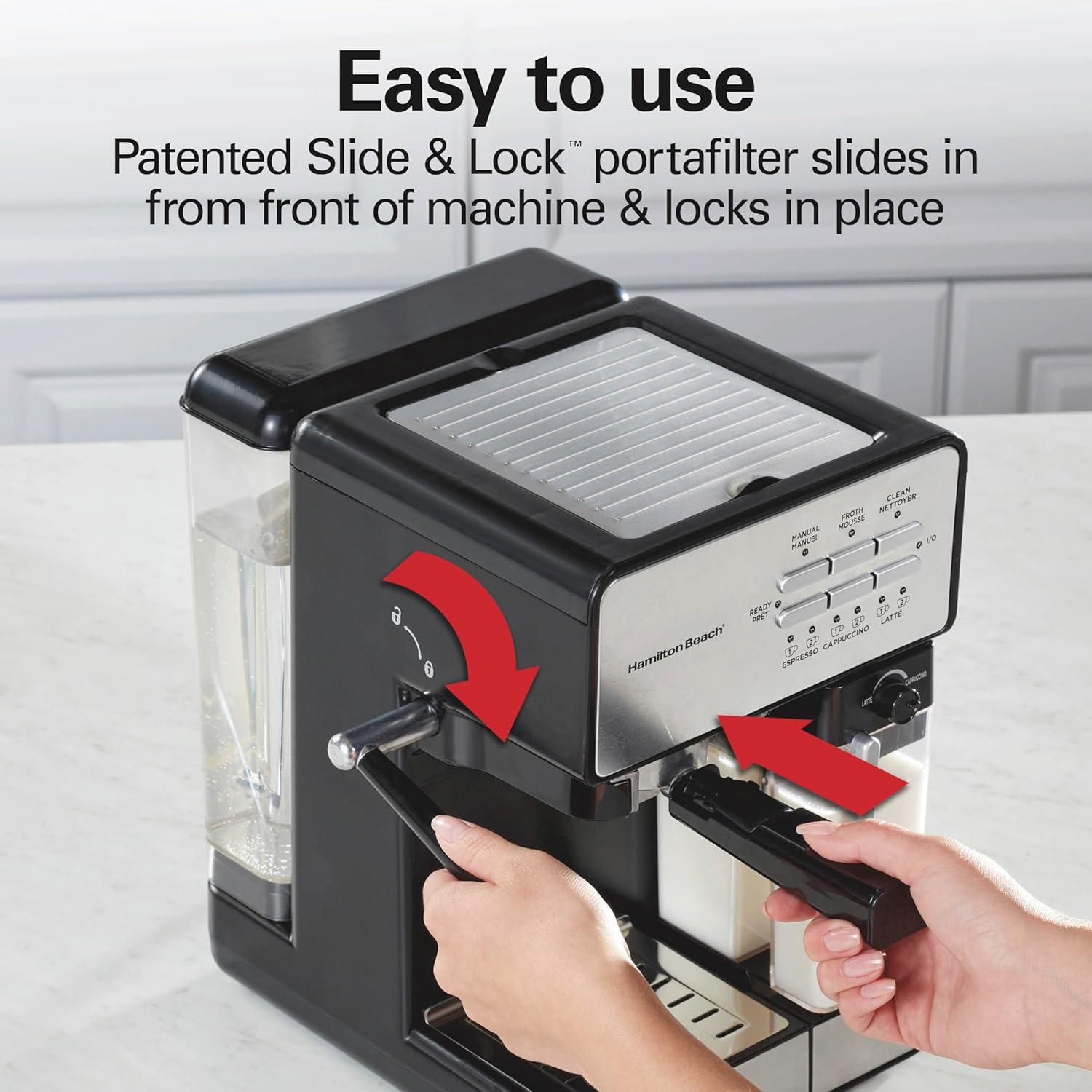 imageHamilton Beach Slide and Lock Espresso Machine Programmable Coffee Maker for CafQuality Cappuccino amp Latte 15 Bar Pump Milk Frother Steamer Wand 70 oz Removable Reservoir Black 40750