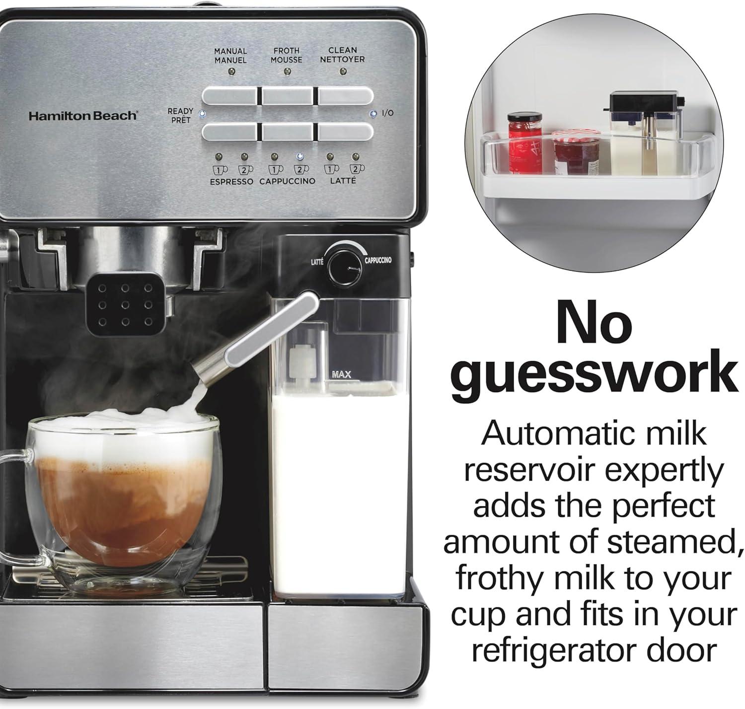 imageHamilton Beach Slide and Lock Espresso Machine Programmable Coffee Maker for CafQuality Cappuccino amp Latte 15 Bar Pump Milk Frother Steamer Wand 70 oz Removable Reservoir Black 40750