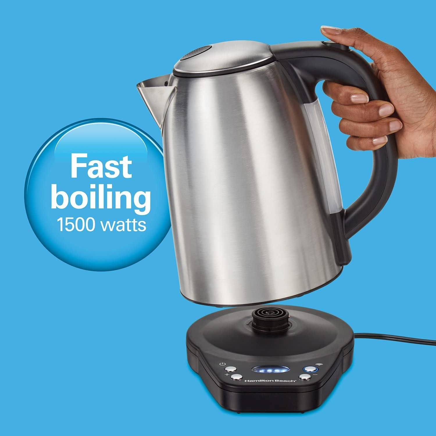 imageHamilton Beach Smart Electric Tea Kettle amp Water Boiler Works with Alexa 17 Liter Fast Boiling 1500 Watts Cordless Keep Warm AutoShutoff amp BoilDry Protection Stainless Steel 41036