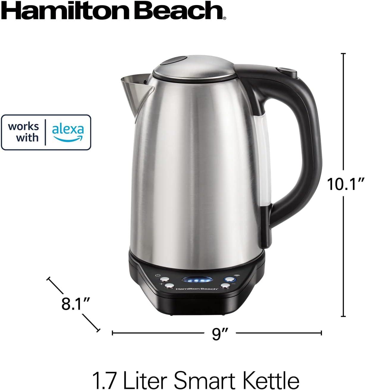 imageHamilton Beach Smart Electric Tea Kettle amp Water Boiler Works with Alexa 17 Liter Fast Boiling 1500 Watts Cordless Keep Warm AutoShutoff amp BoilDry Protection Stainless Steel 41036