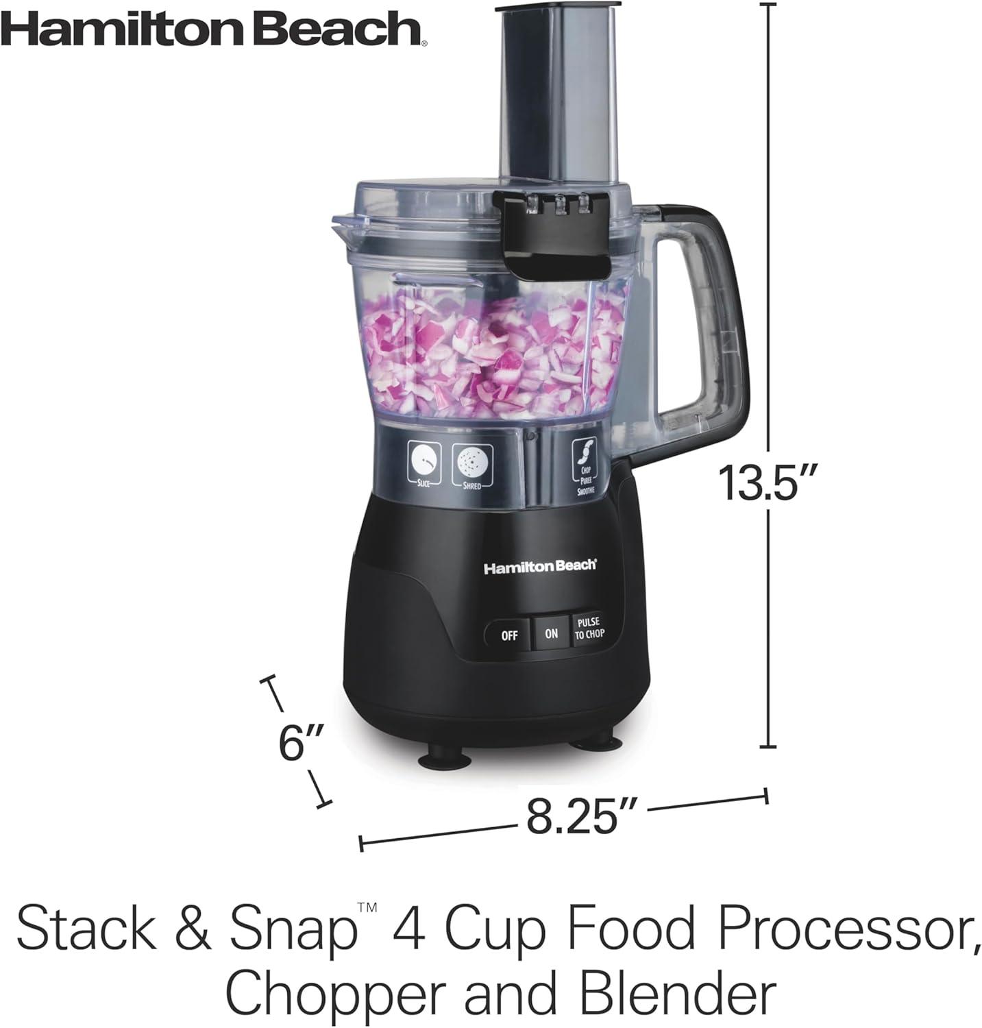 imageHamilton Beach Stack amp Snap 4Cup Mini Food Processor amp Vegetable Chopper 250 Watts for Slicing Shredding and Puree Black 705104 Cup