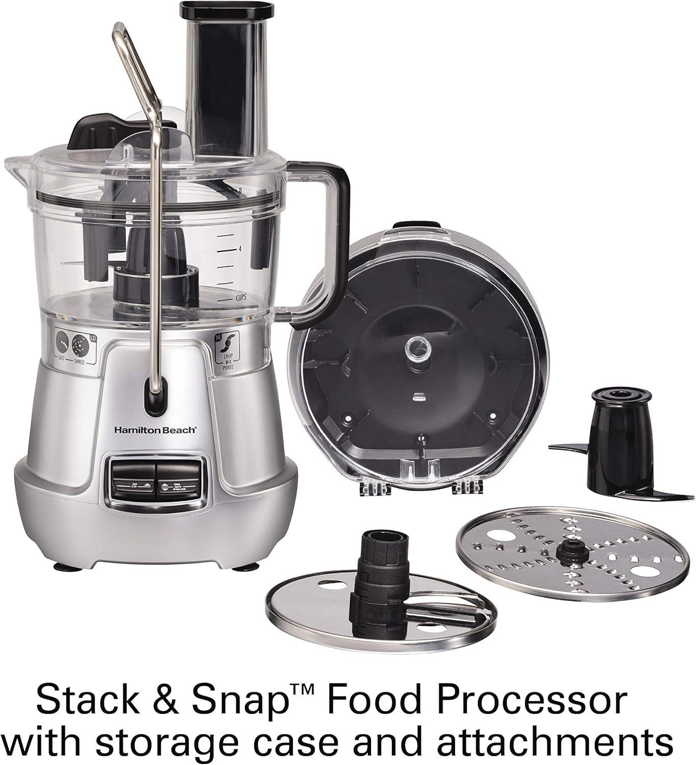 imageHamilton Beach Stack amp Snap 8Cup Food Processor amp Vegetable Chopper with Adjustable Slicing Blade Builtin Bowl Scraper amp Storage Case Silver 70820