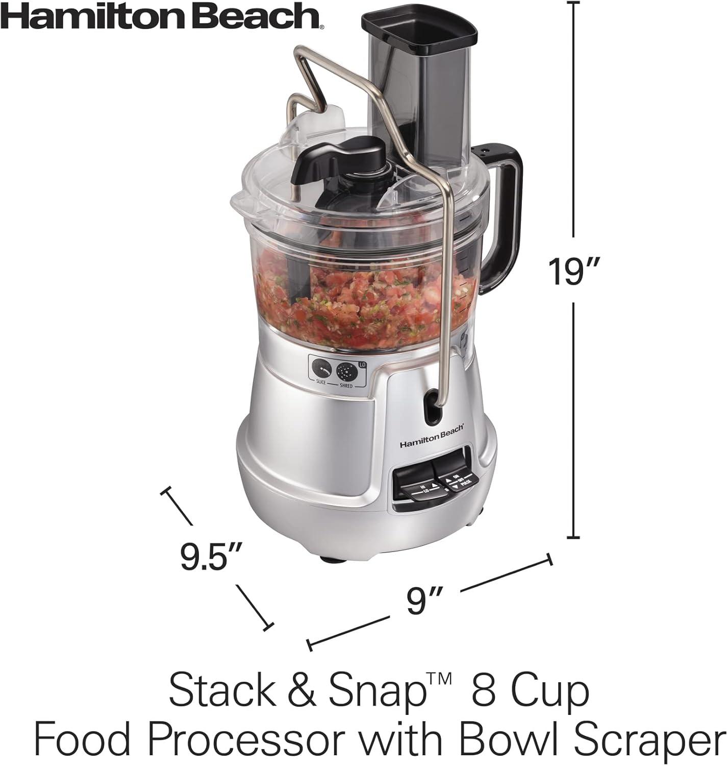 imageHamilton Beach Stack amp Snap 8Cup Food Processor amp Vegetable Chopper with Adjustable Slicing Blade Builtin Bowl Scraper amp Storage Case Silver 70820