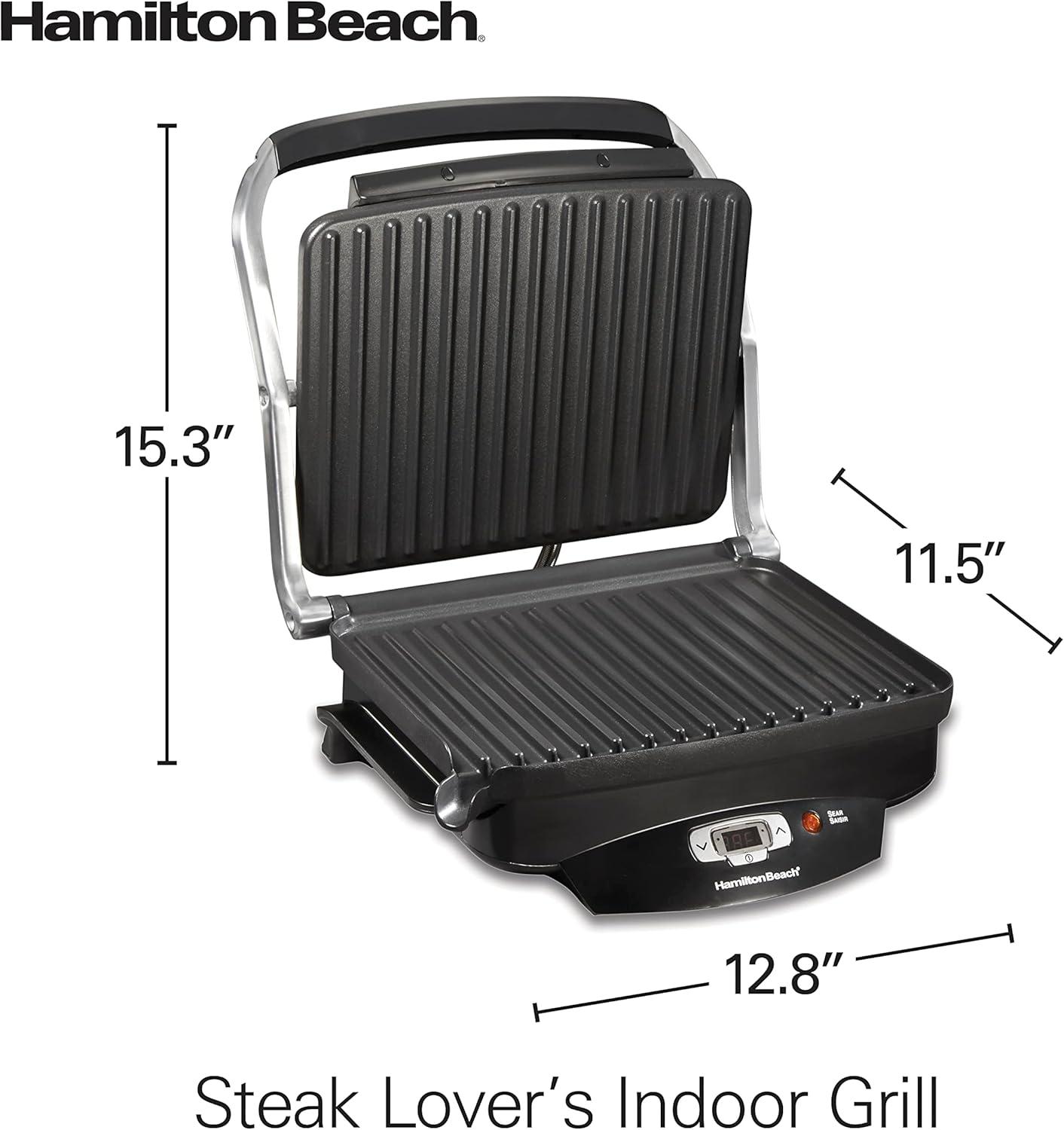 imageHamilton Beach Steak Lovers Electric Indoor Searing Grill Nonstick 100 Square Stainless Steel 25331 Black and Stainless Medium