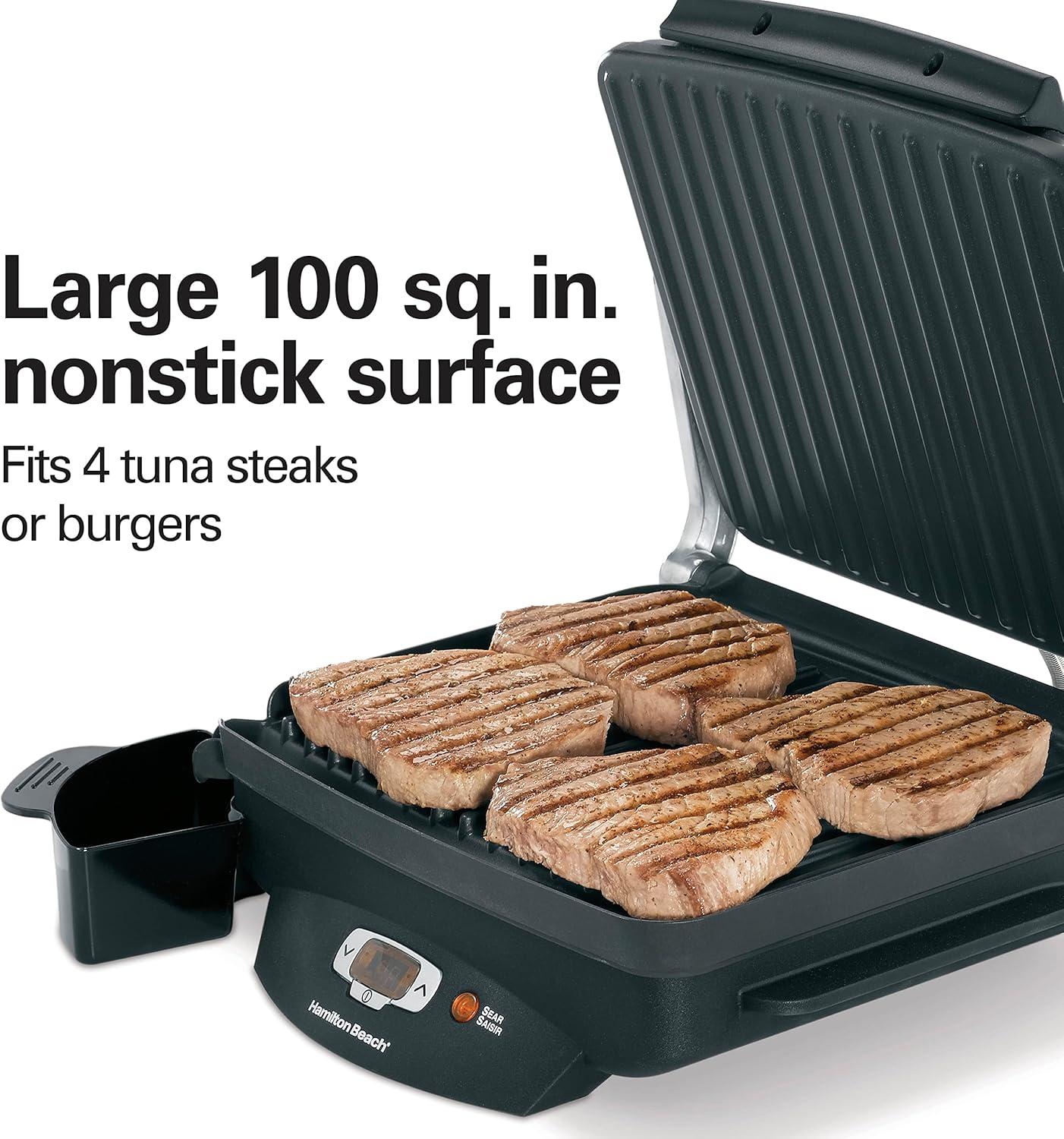 imageHamilton Beach Steak Lovers Electric Indoor Searing Grill Nonstick 100 Square Stainless Steel 25331 Black and Stainless Medium