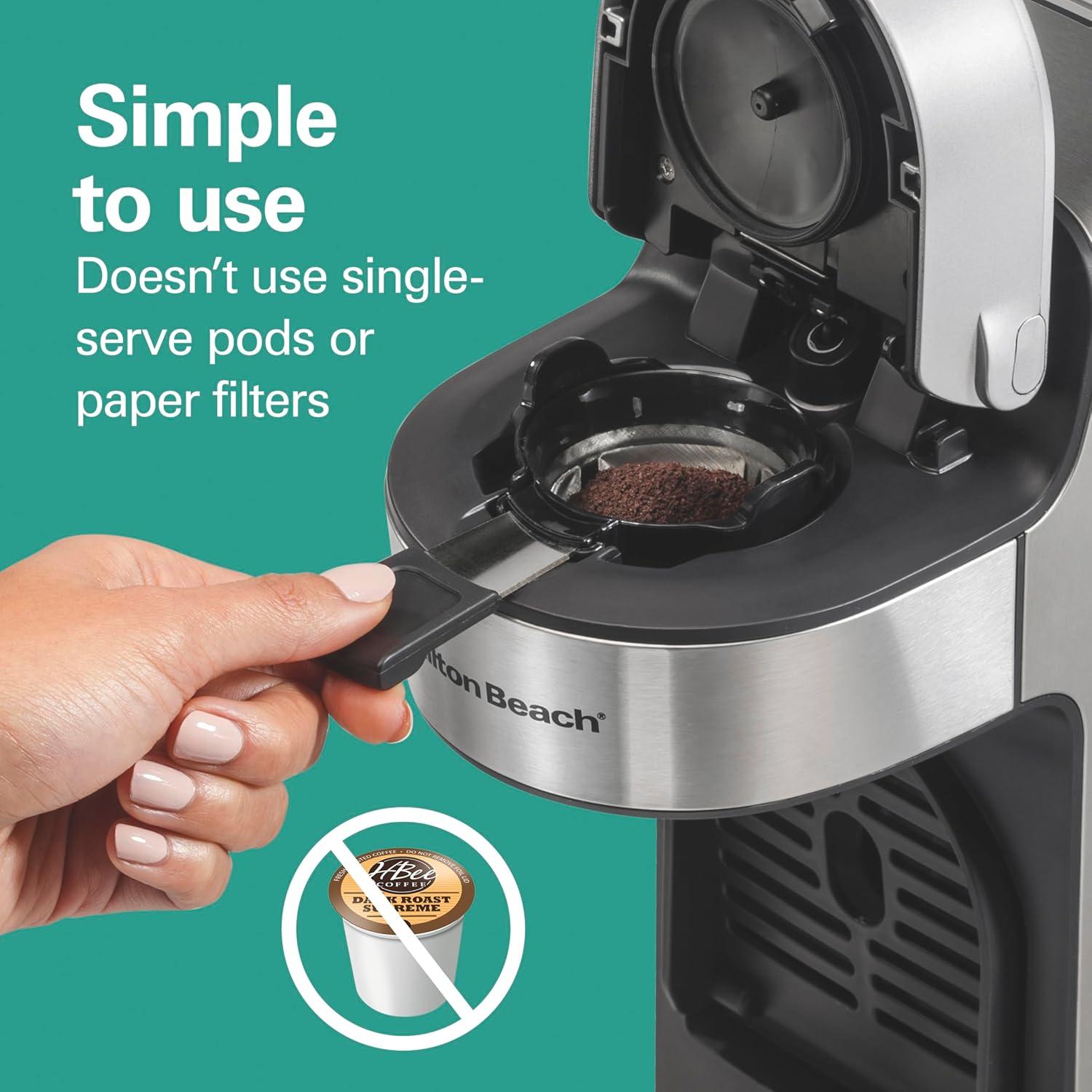 imageHamilton Beach The Scoop Single Serve Coffee Maker amp Fast Grounds Brewer for 814oz Cups Brews in Minutes 40oz Removable Reservoir Stainless Steel 49987Silver