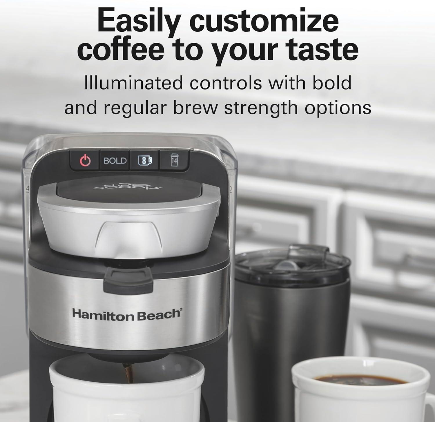 imageHamilton Beach The Scoop Single Serve Coffee Maker amp Fast Grounds Brewer for 814oz Cups Brews in Minutes 40oz Removable Reservoir Stainless Steel 49987Silver