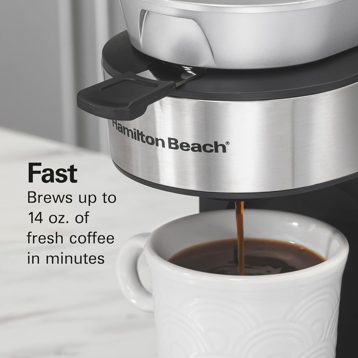 imageHamilton Beach The Scoop Single Serve Coffee Maker amp Fast Grounds Brewer for 814oz Cups Brews in Minutes 40oz Removable Reservoir Stainless Steel 49987Silver
