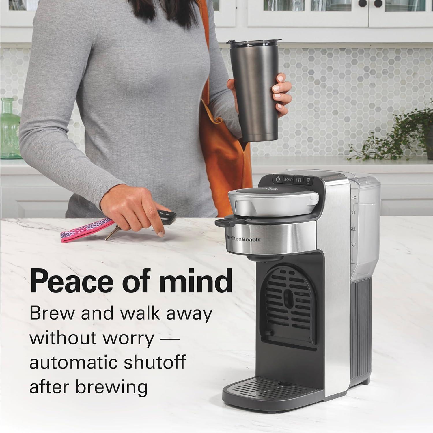 imageHamilton Beach The Scoop Single Serve Coffee Maker amp Fast Grounds Brewer for 814oz Cups Brews in Minutes 40oz Removable Reservoir Stainless Steel 49987Silver