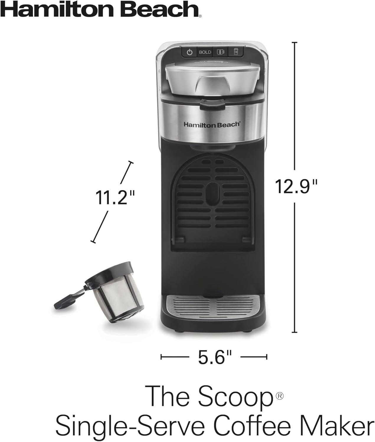 imageHamilton Beach The Scoop Single Serve Coffee Maker amp Fast Grounds Brewer for 814oz Cups Brews in Minutes 40oz Removable Reservoir Stainless Steel 49987Silver