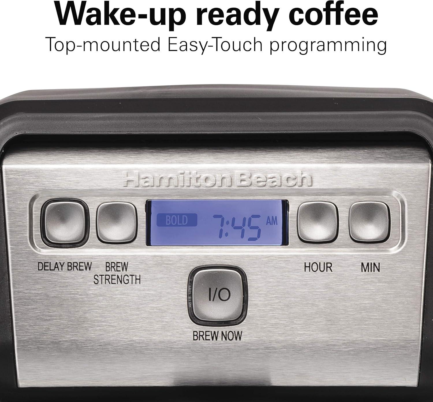 imageHamiton Beach 12 Cup Compact Programmable Drip Coffee Maker with NoDrip Burosilicate Glass Carafe 2Hour Auto Shutoff SpaceSaving Design Black with Stainless Steel Accents 46200