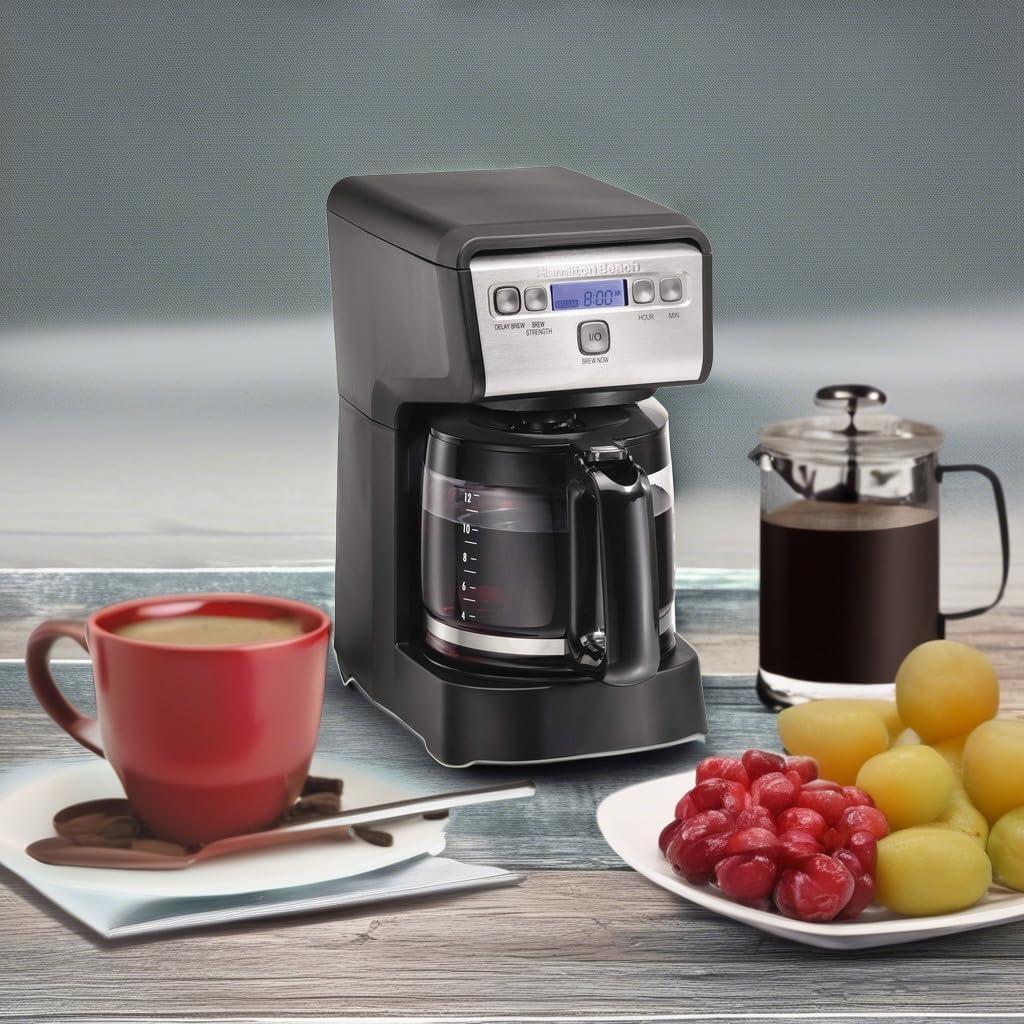 imageHamiton Beach 12 Cup Compact Programmable Drip Coffee Maker with NoDrip Burosilicate Glass Carafe 2Hour Auto Shutoff SpaceSaving Design Black with Stainless Steel Accents 46200
