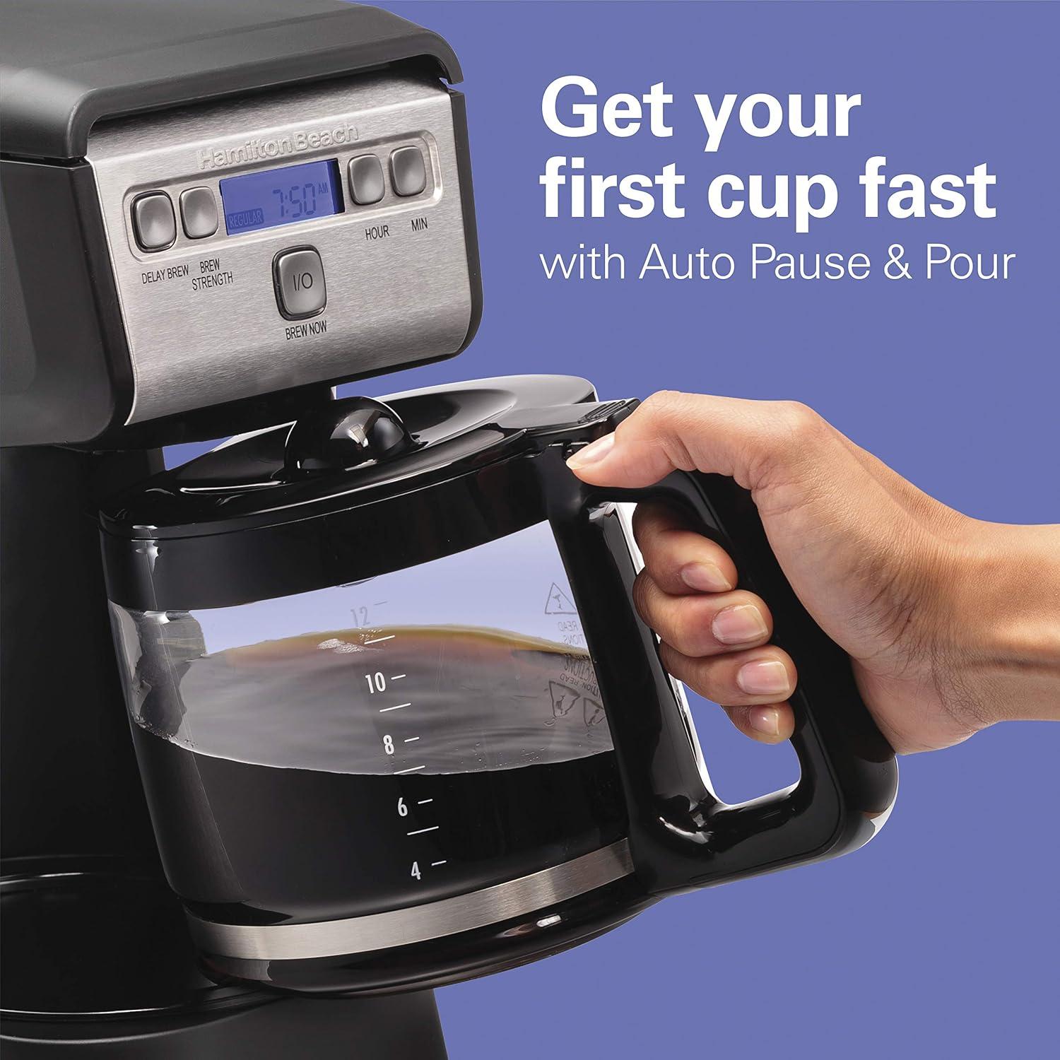 imageHamiton Beach 12 Cup Compact Programmable Drip Coffee Maker with NoDrip Burosilicate Glass Carafe 2Hour Auto Shutoff SpaceSaving Design Black with Stainless Steel Accents 46200