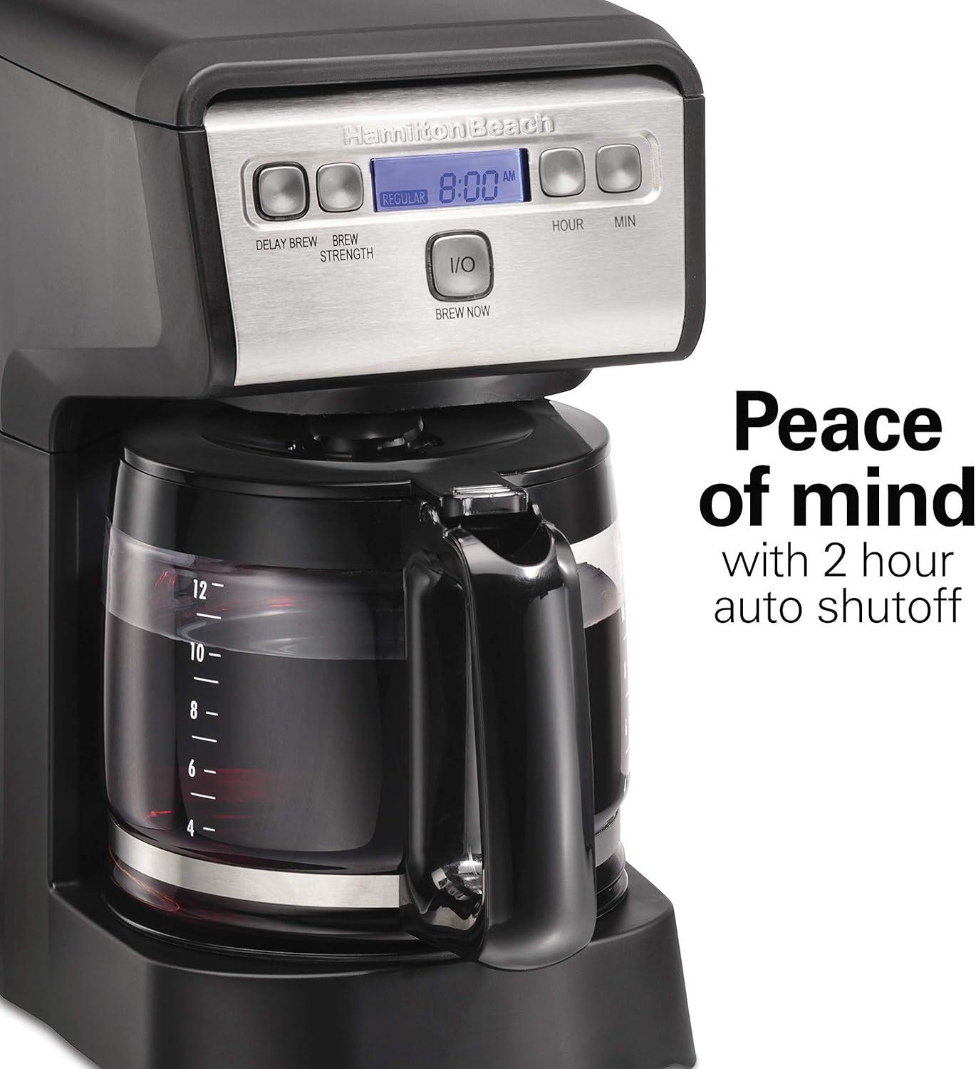 imageHamiton Beach 12 Cup Compact Programmable Drip Coffee Maker with NoDrip Burosilicate Glass Carafe 2Hour Auto Shutoff SpaceSaving Design Black with Stainless Steel Accents 46200