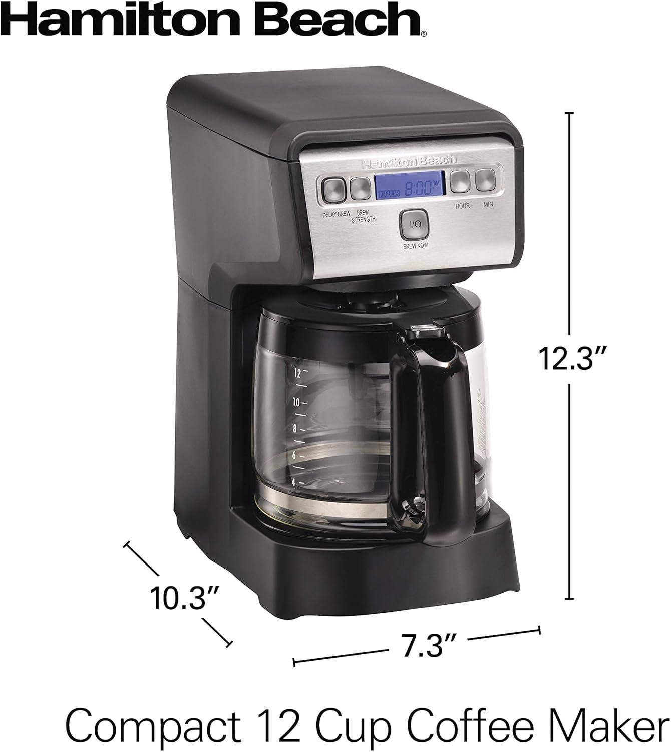 imageHamiton Beach 12 Cup Compact Programmable Drip Coffee Maker with NoDrip Burosilicate Glass Carafe 2Hour Auto Shutoff SpaceSaving Design Black with Stainless Steel Accents 46200