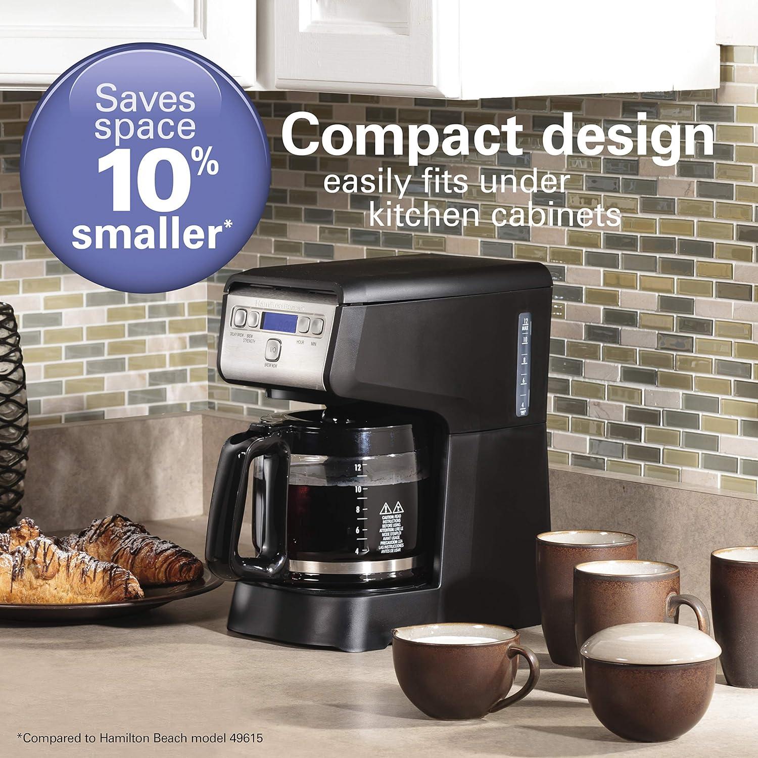 imageHamiton Beach 12 Cup Compact Programmable Drip Coffee Maker with NoDrip Burosilicate Glass Carafe 2Hour Auto Shutoff SpaceSaving Design Black with Stainless Steel Accents 46200