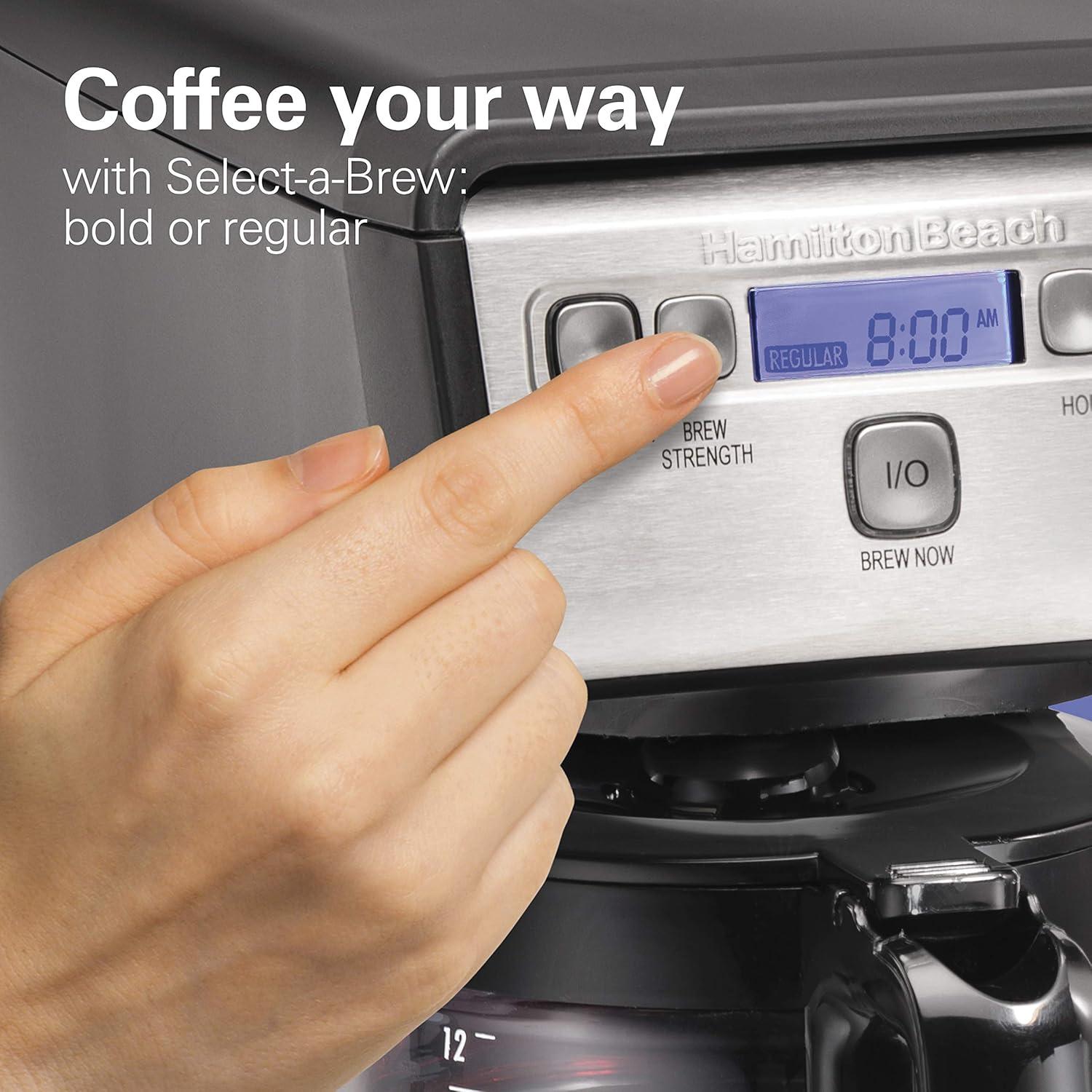imageHamiton Beach 12 Cup Compact Programmable Drip Coffee Maker with NoDrip Burosilicate Glass Carafe 2Hour Auto Shutoff SpaceSaving Design Black with Stainless Steel Accents 46200