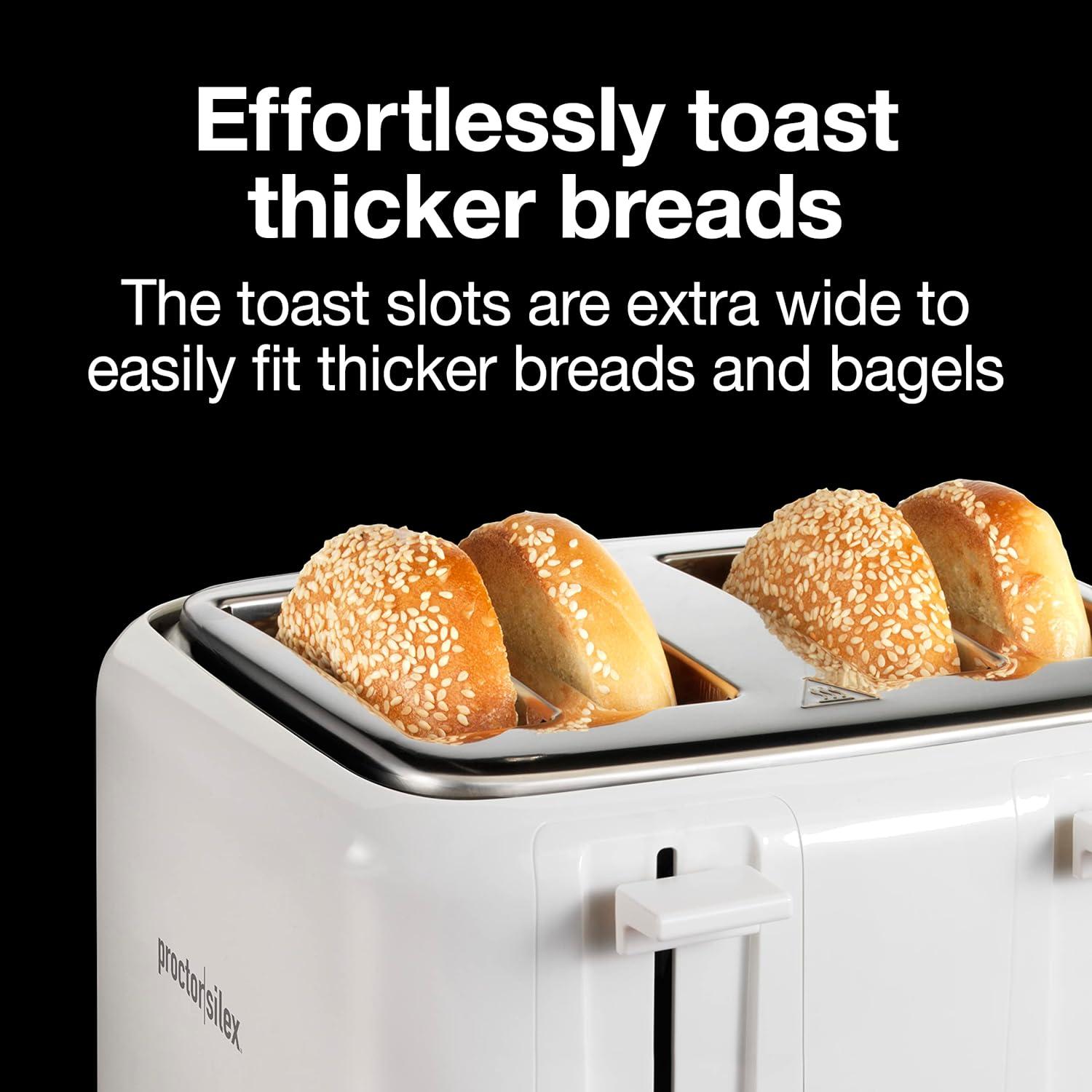 imageProctor Silex 4 Slice Toaster with Extra Wide Slots for Bagels CoolTouch Walls Shade Selector With 7 Browning Levels Toast Boost Auto Shutoff and Cancel Button Black 24215PSWhite