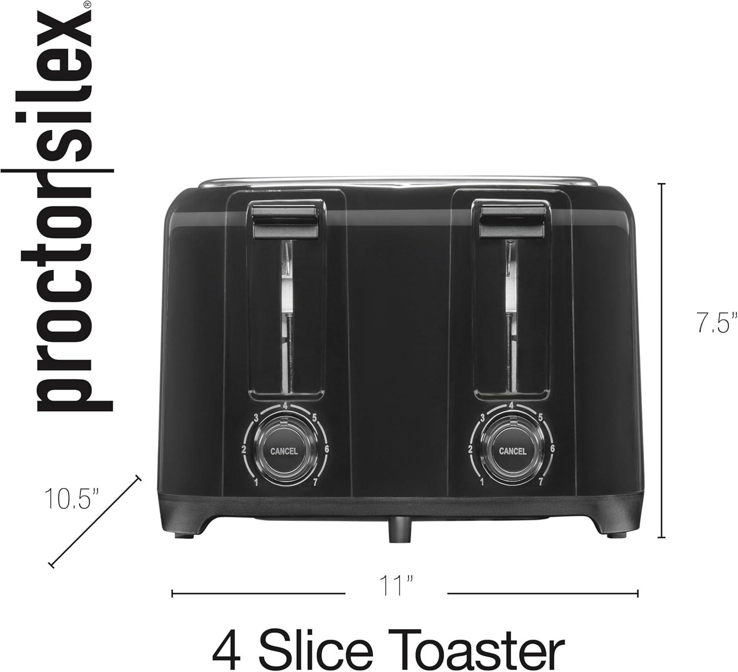 imageProctor Silex 4 Slice Toaster with Extra Wide Slots for Bagels CoolTouch Walls Shade Selector With 7 Browning Levels Toast Boost Auto Shutoff and Cancel Button Black 24215PSBlack