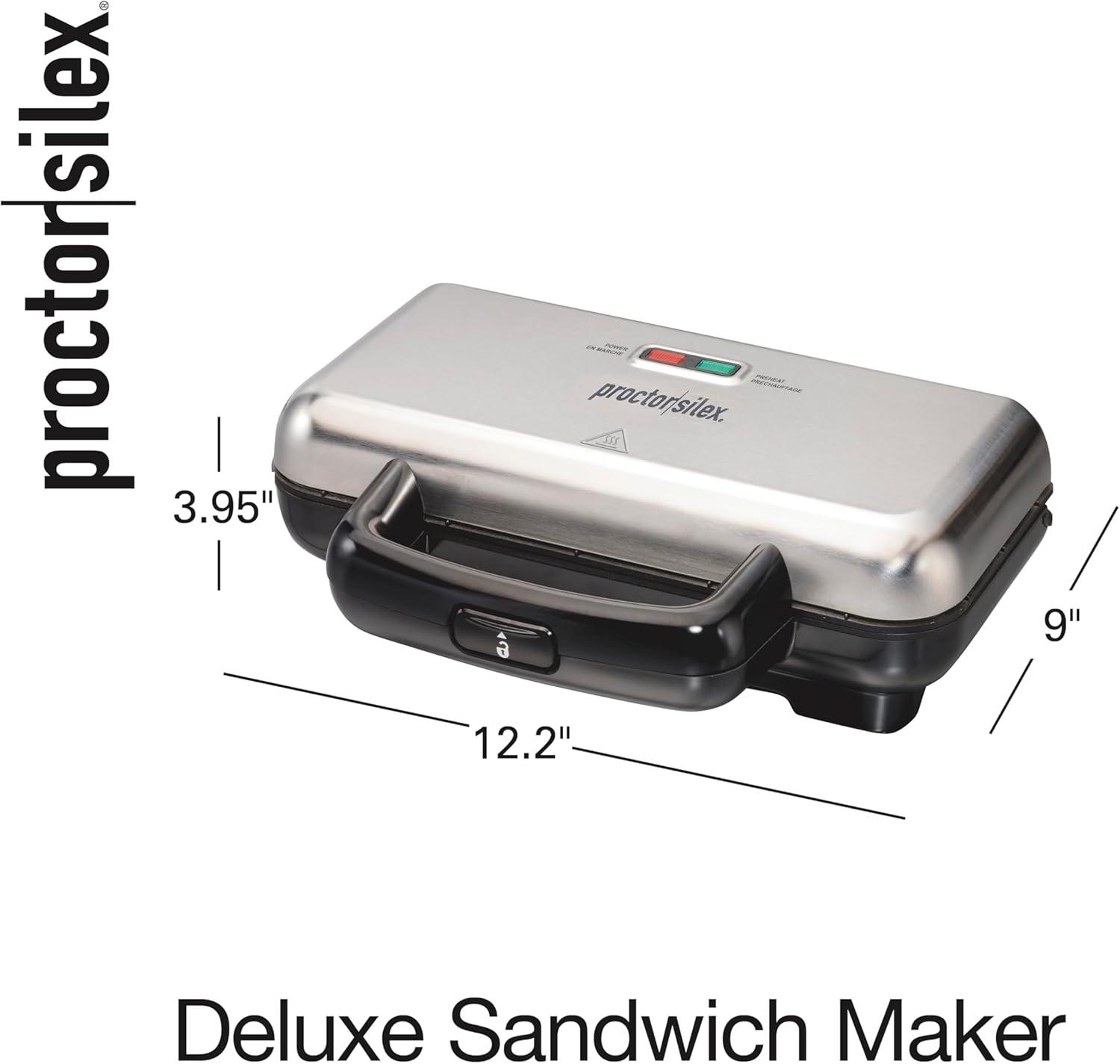 imageProctor Silex Deluxe Hot Sandwich Maker With EasyClean Durable PFASFree Nonstick Ceramic Plates Fits up to 2 Grilled Cheese Ruebens Tortas or Subs Stainless Steel 25415MNStainless Steel