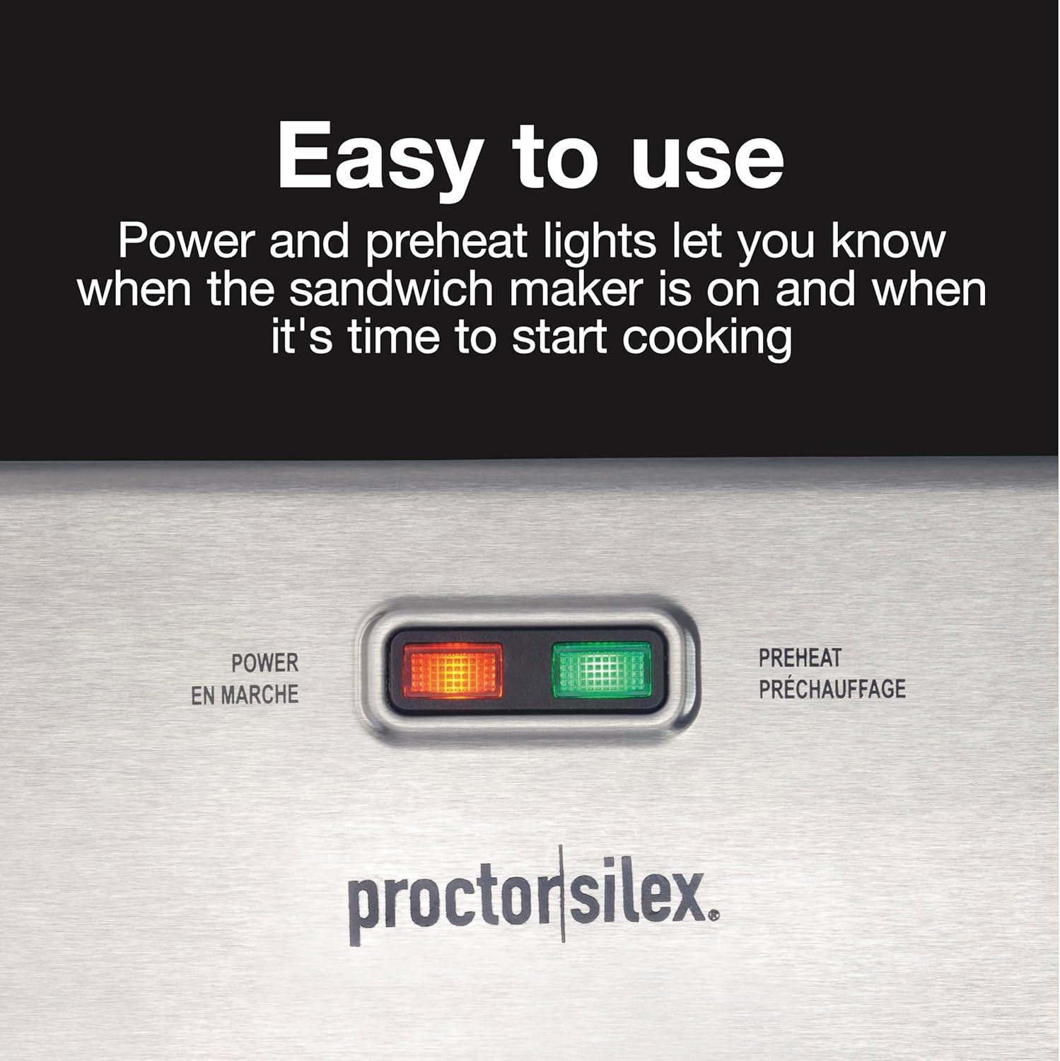 imageProctor Silex Deluxe Hot Sandwich Maker With EasyClean Durable PFASFree Nonstick Ceramic Plates Fits up to 2 Grilled Cheese Ruebens Tortas or Subs Stainless Steel 25415MNStainless Steel