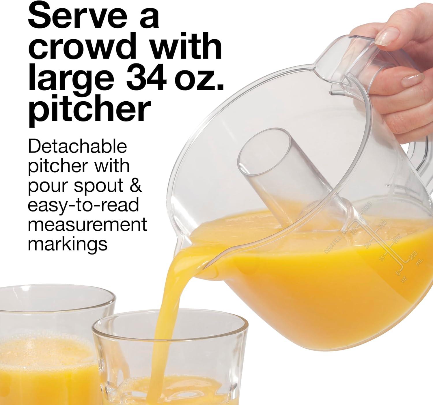 imageProctor Silex Electric Citrus Juicer Machine Large 34 oz Pitcher Pressure Activated 2 Reamers for Big and Small Fruit Pulp Control for Orange Lemon Grapefruit Juice White amp Green 66340White Green