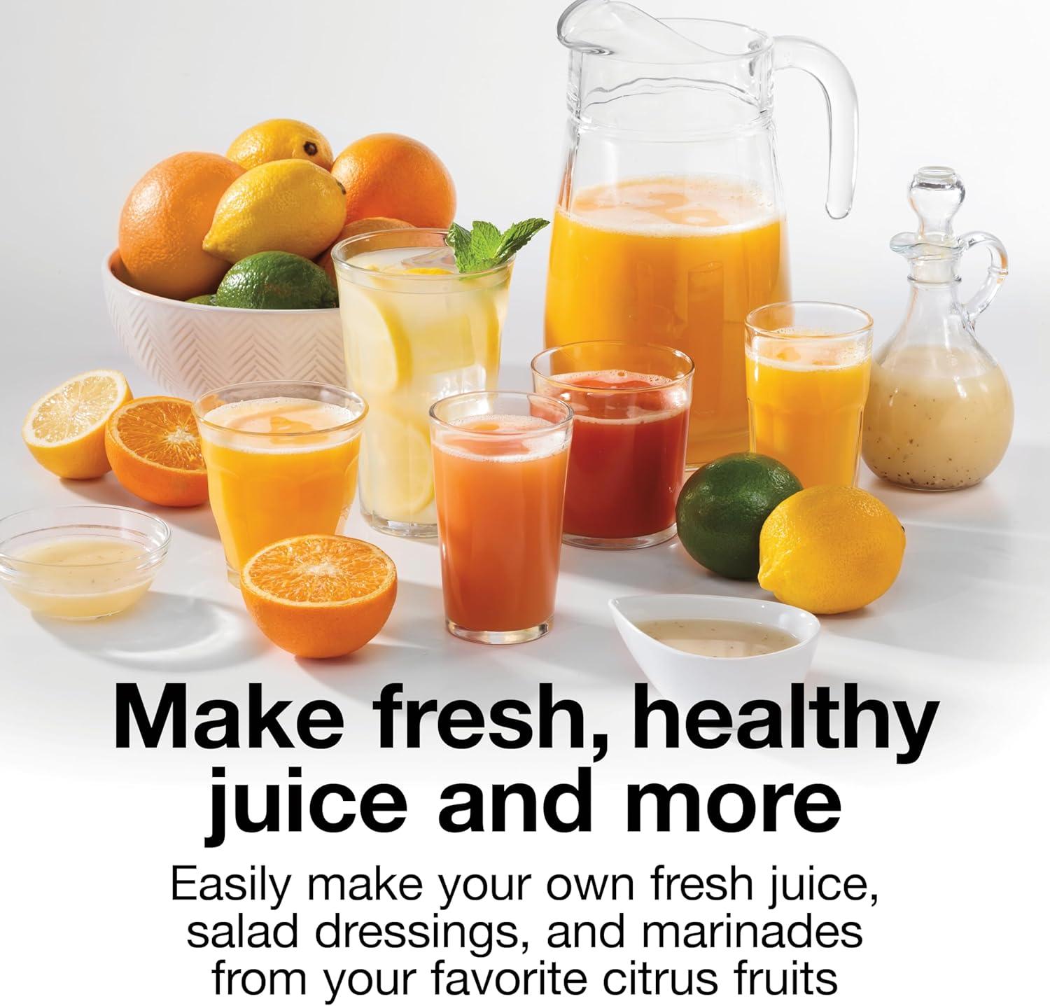 imageProctor Silex Electric Citrus Juicer Machine Large 34 oz Pitcher Pressure Activated 2 Reamers for Big and Small Fruit Pulp Control for Orange Lemon Grapefruit Juice White amp Green 66340White
