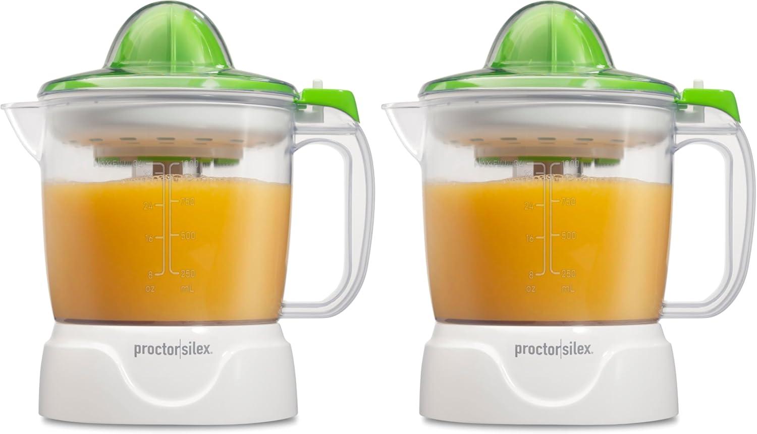 imageProctor Silex Electric Citrus Juicer Machine Large 34 oz Pitcher Pressure Activated 2 Reamers for Big and Small Fruit Pulp Control for Orange Lemon Grapefruit Juice White amp Green 66340White Green