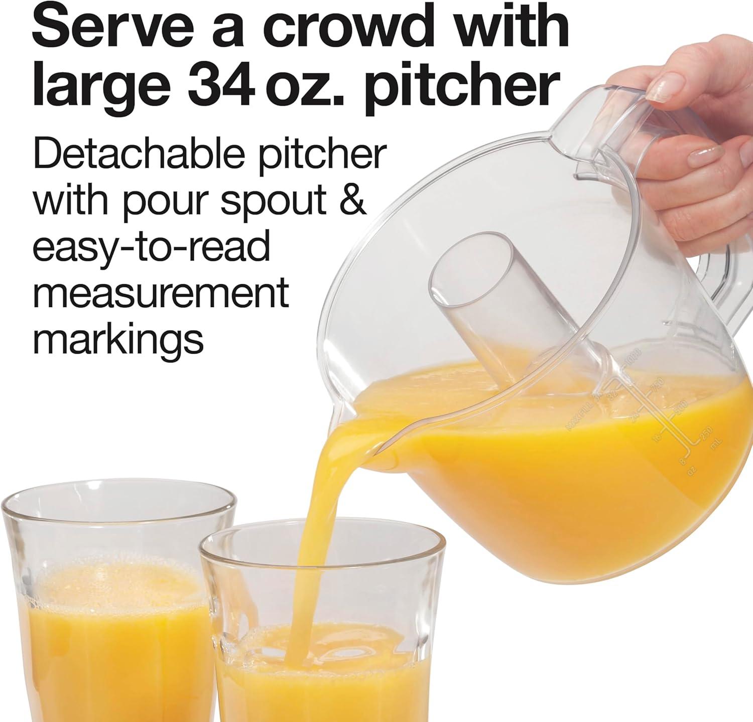 imageProctor Silex Electric Citrus Juicer Machine Large 34 oz Pitcher Pressure Activated 2 Reamers for Big and Small Fruit Pulp Control for Orange Lemon Grapefruit Juice White amp Green 66340White Green