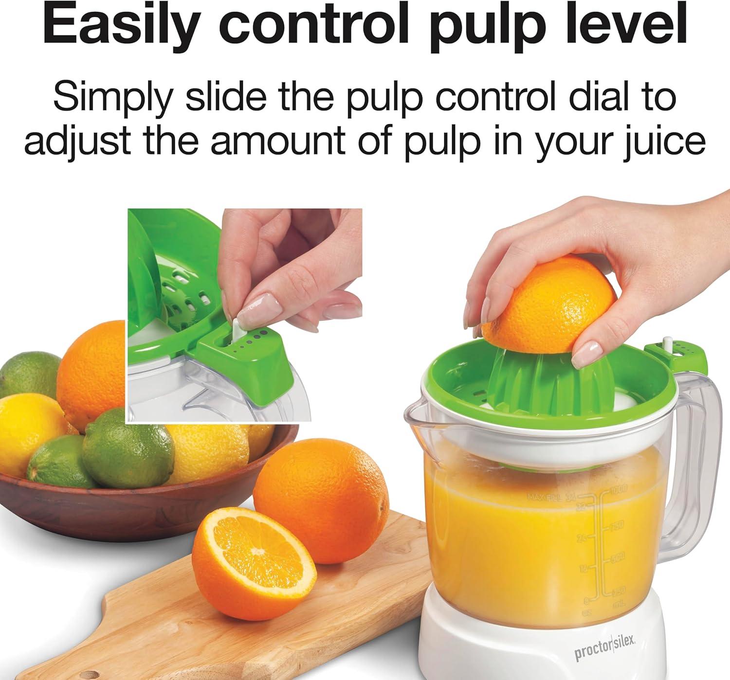 imageProctor Silex Electric Citrus Juicer Machine Large 34 oz Pitcher Pressure Activated 2 Reamers for Big and Small Fruit Pulp Control for Orange Lemon Grapefruit Juice White amp Green 66340White Green