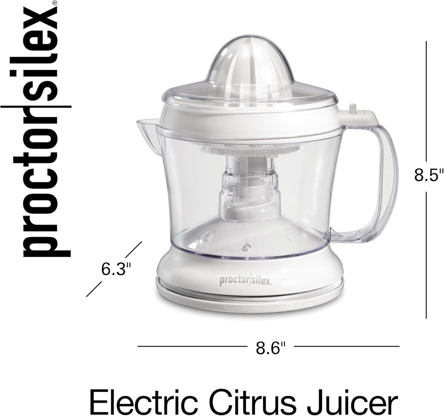 imageProctor Silex Electric Citrus Juicer Machine Large 34 oz Pitcher Pressure Activated 2 Reamers for Big and Small Fruit Pulp Control for Orange Lemon Grapefruit Juice White amp Green 66340White