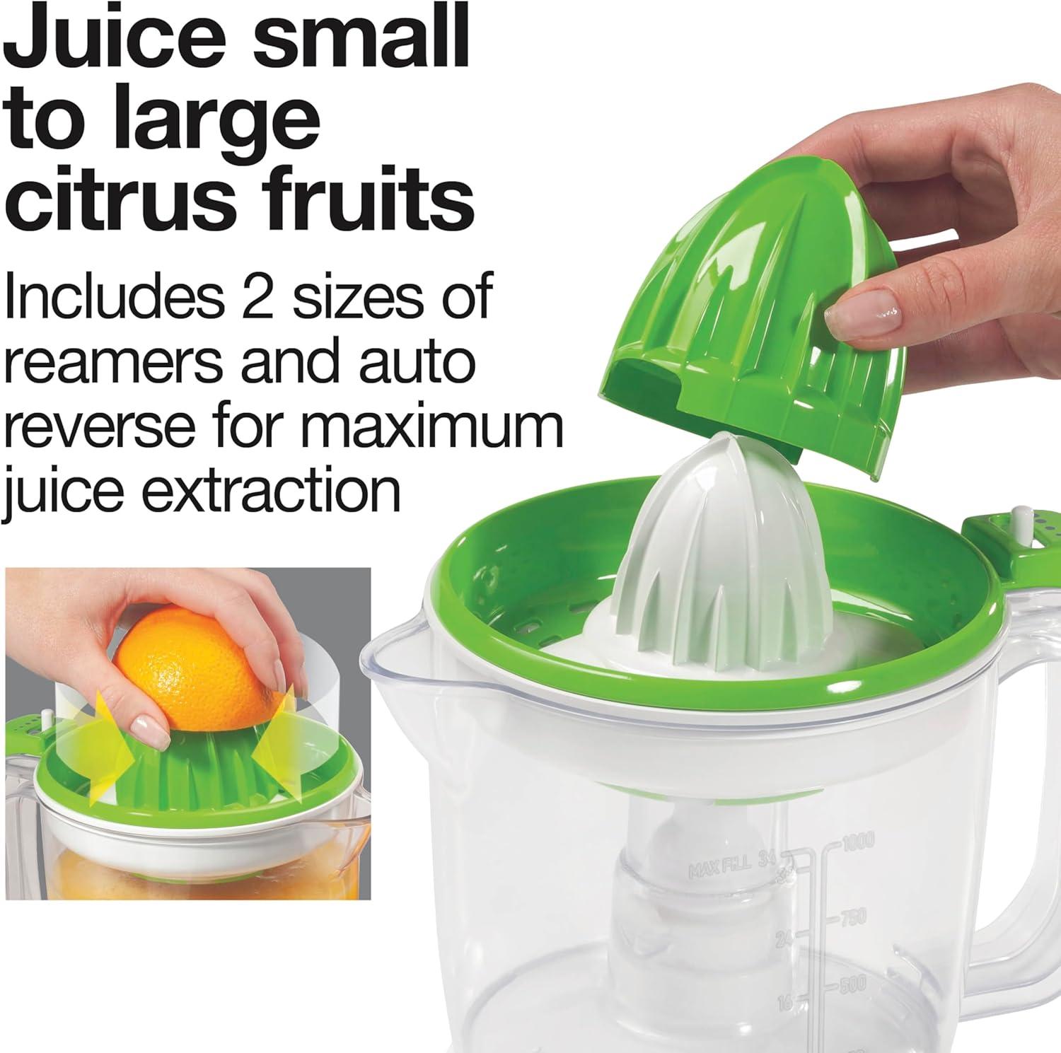 imageProctor Silex Electric Citrus Juicer Machine Large 34 oz Pitcher Pressure Activated 2 Reamers for Big and Small Fruit Pulp Control for Orange Lemon Grapefruit Juice White amp Green 66340White Green
