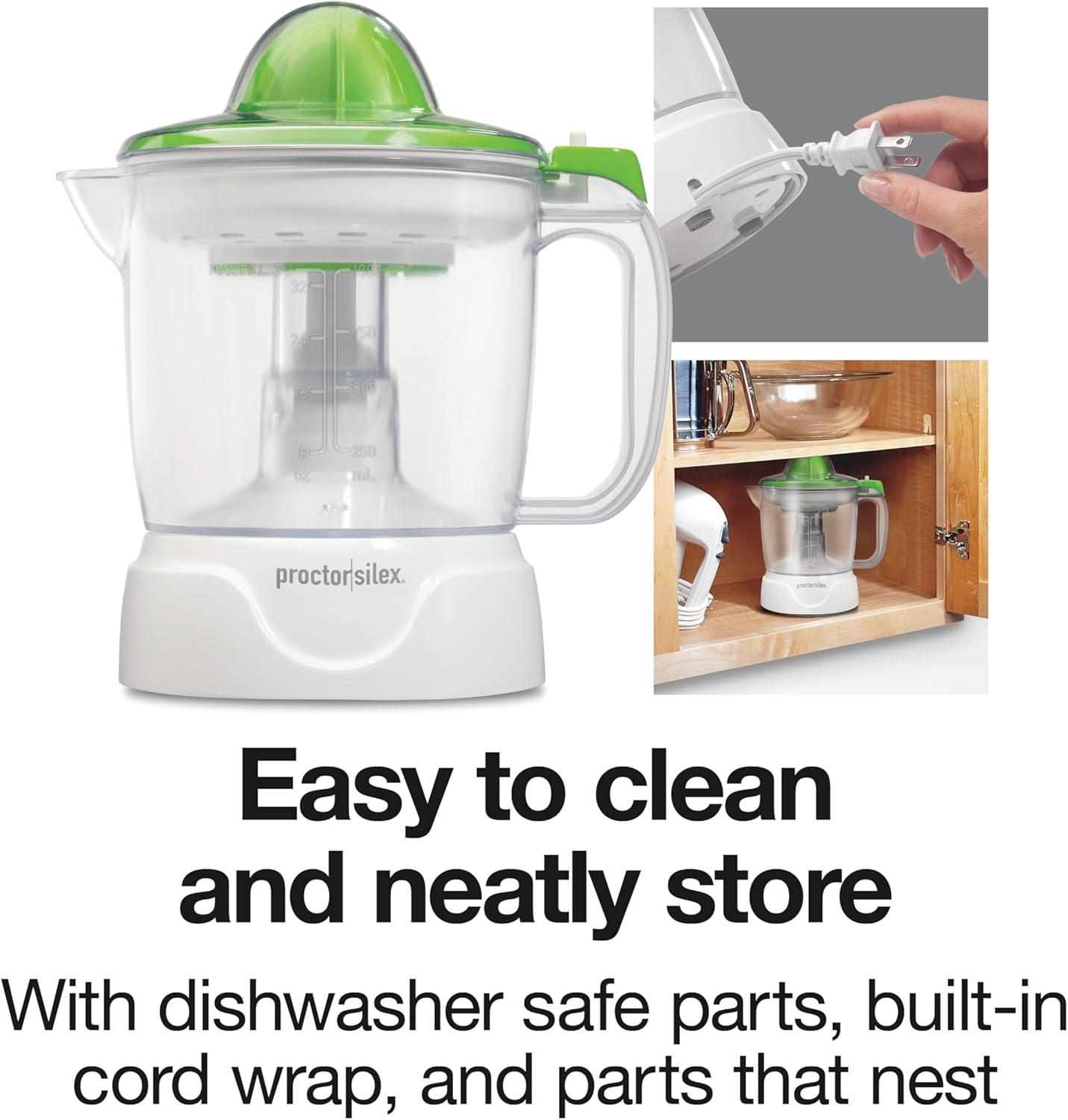 imageProctor Silex Electric Citrus Juicer Machine Large 34 oz Pitcher Pressure Activated 2 Reamers for Big and Small Fruit Pulp Control for Orange Lemon Grapefruit Juice White amp Green 66340White Green