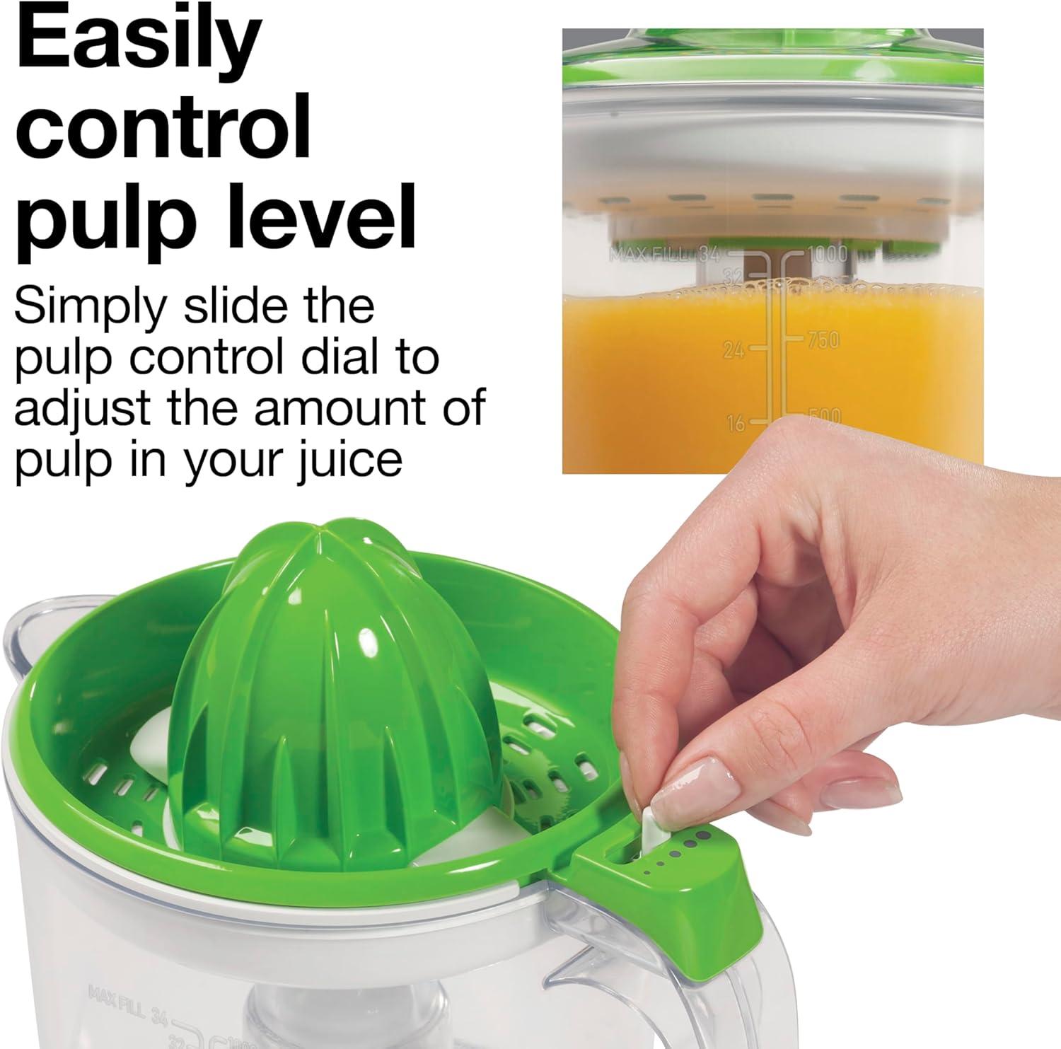imageProctor Silex Electric Citrus Juicer Machine Large 34 oz Pitcher Pressure Activated 2 Reamers for Big and Small Fruit Pulp Control for Orange Lemon Grapefruit Juice White amp Green 66340White Green